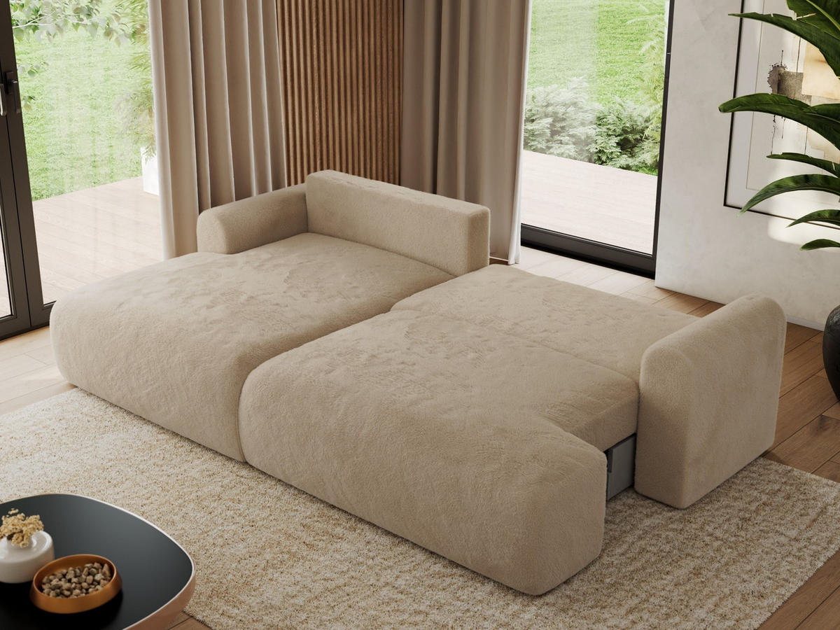 ECKSCHLAFSOFA TONO L Beige Plüsch - links - Beige/Schwarz, Kunststoff/Textil (260/150cm) - MKS