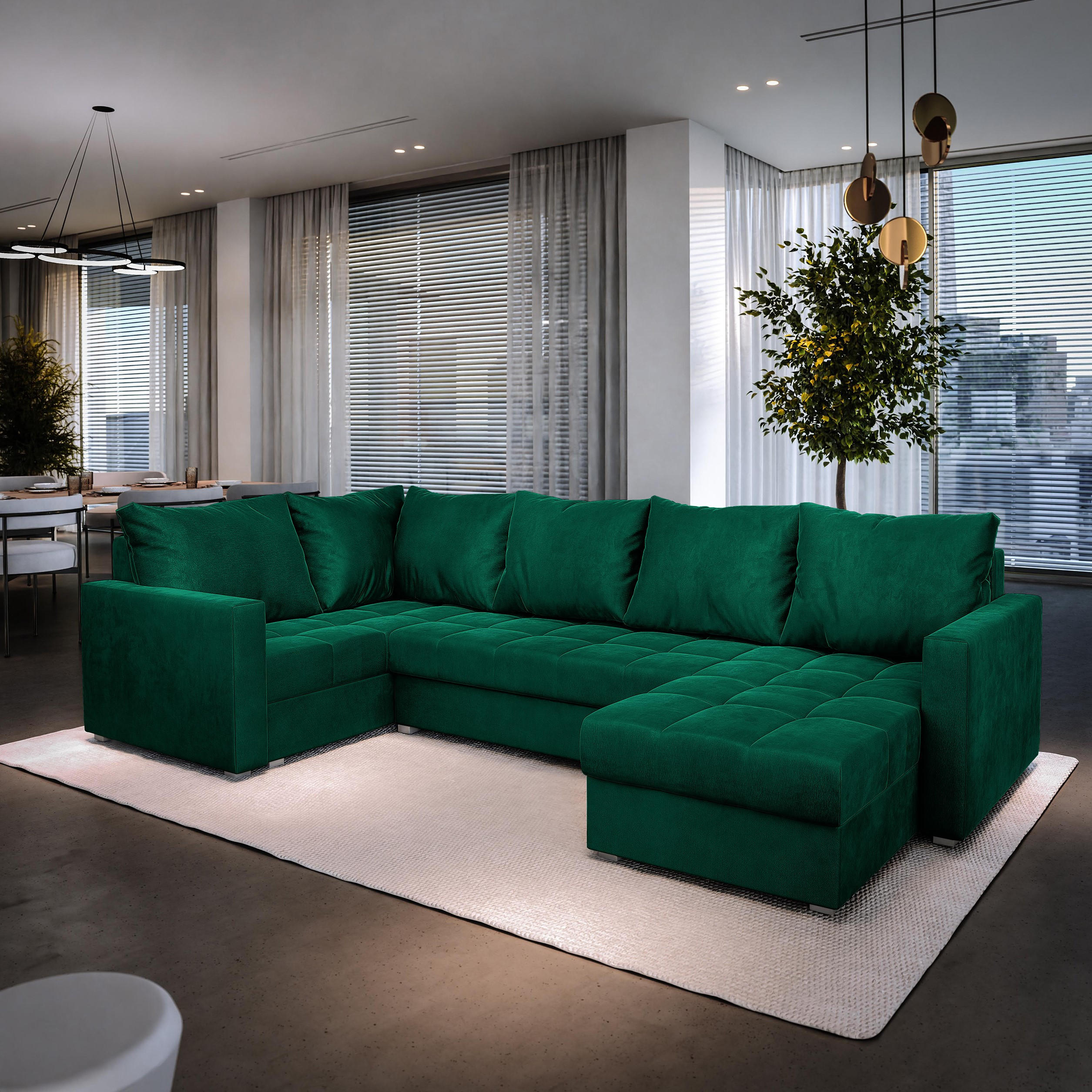 WOHNLANDSCHAFT LORIVO L-S Grün Plüsch-Stoff mit Schlaffunktion - Grün, Holz (285/85/150cm) - MASSENO