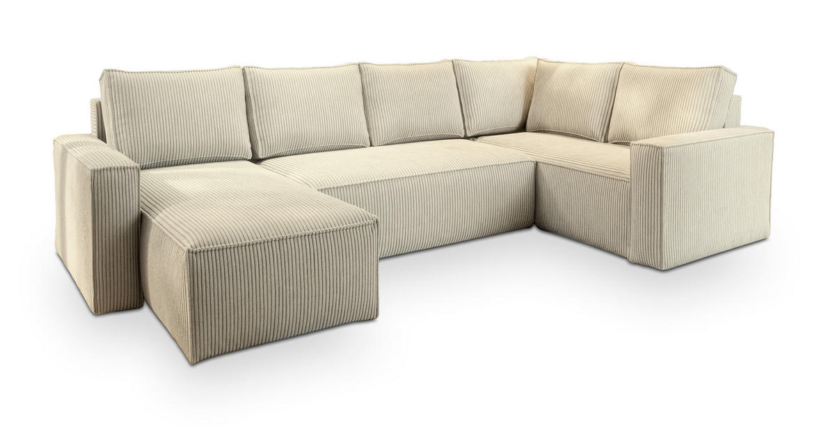 WOHNLANDSCHAFT NORENA R-S Creme Kordstoff mit Schlaffunktion - Creme, Holz (295/85/157.5cm) - MASSENO