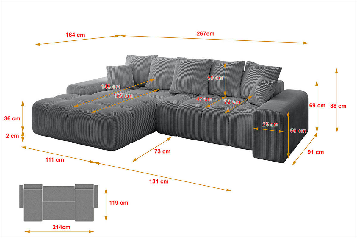 ECKSOFA Ottomane Links ENSI-L - 267x164x88 cm Dunkelgrau - Dunkelgrau, Holzwerkstoff/Kunststoff (267/164cm) - ALTDECOR