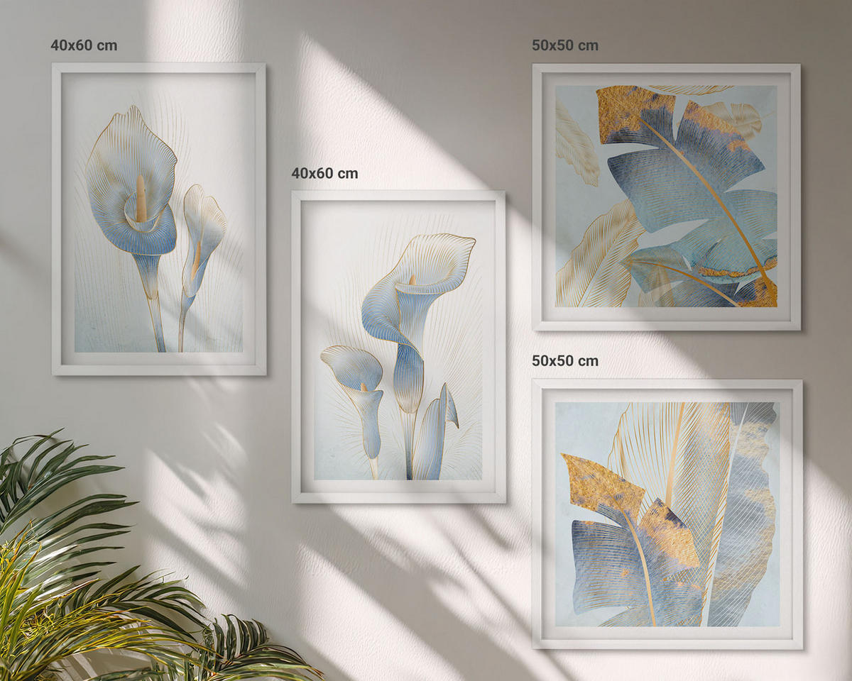 BILDER SET 4er Set - 50x50 cm & 40x60 cm Weißer Rahmen - Blaue Blumen im Hintergrund - Weiß, Kunststoff (50/50cm) - TULUP
