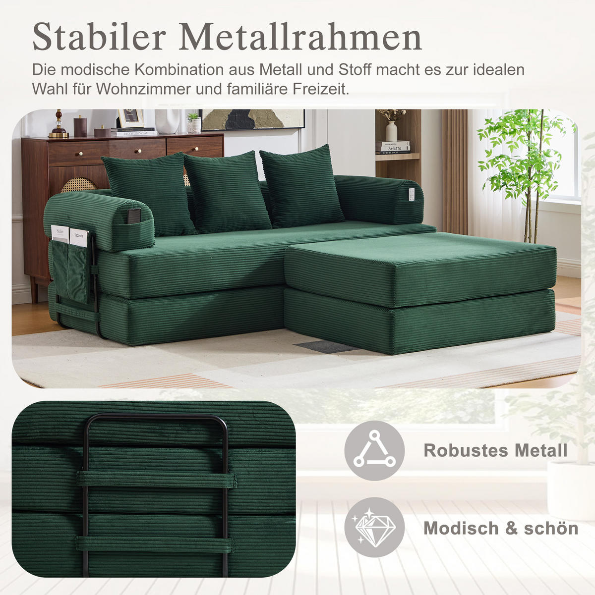 MODULARES Sofa 200/190/67 cm aus Cord mit Hocker und Seitentasche Smaragdgrün - Smaragdgrün, Textil (190/67/200cm) - Modenvie
