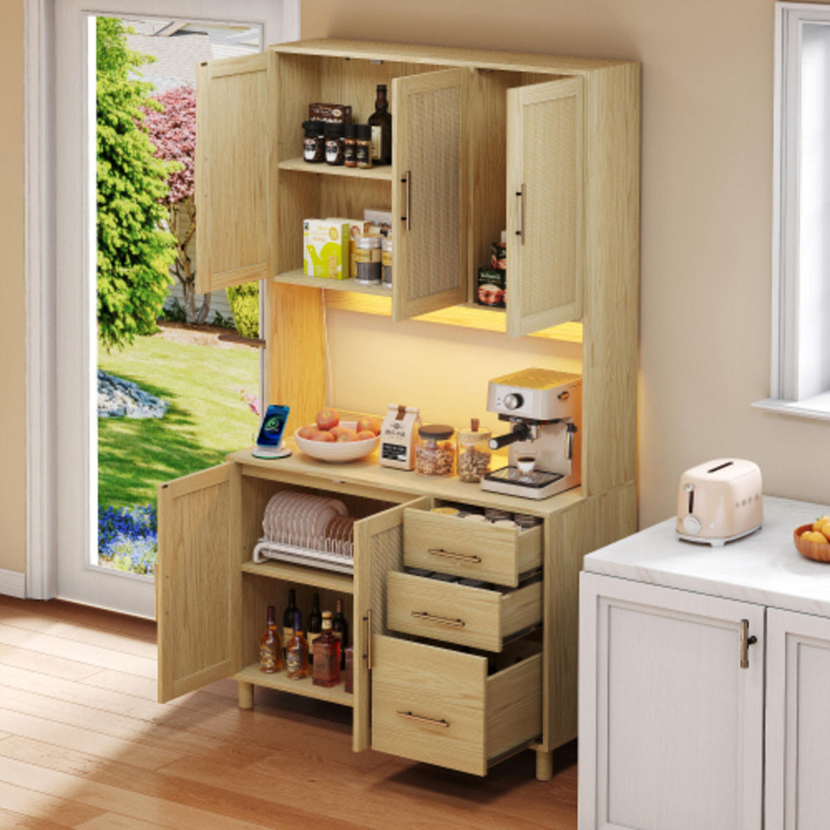 KÜCHENSCHRANK Naturoptik aus MDF mit Rattanfront, LED-Beleuchtung und integrierten Steckdosen 100×40×183 cm - Naturfarben, Holzwerkstoff (100/183/40cm) - Luhomfu