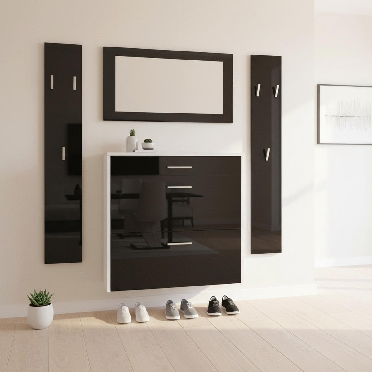 GARDEROBEN-SET Roma Air 4-teilig, Moderne Flurgarderoben Set mit Schuschrank, 2 Wandpaneele und Wandspiegel, Weiß matt/Schwarz Hochglanz - Schwarz Hochglanz, Holzwerkstoff (190/200/23cm) - InnoFurn