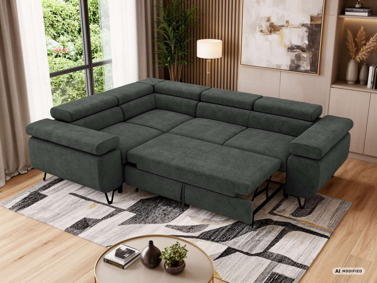ECKSOFA FALCO L - Dunkelgrau Stukture - Links Seite - Dunkelgrau/Schwarz, Textil/Metall (197/268cm) - MKS