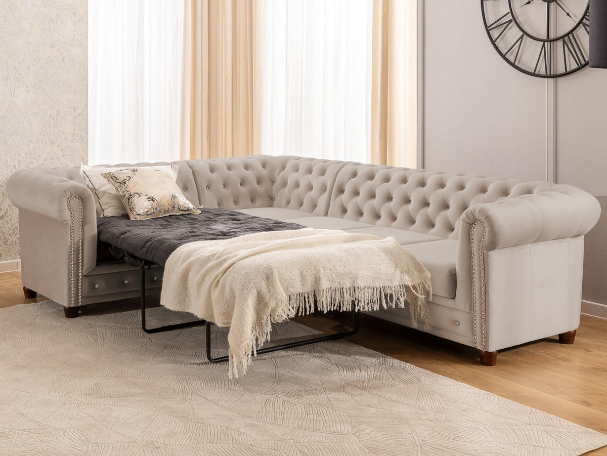 ECKSOFA mit Schlaffunktion Chesterfield Beige Samt mit Kristallsteppung und braunen Massivholzfüßen - Ottomane Links - Beige/Braun, Holz/Textil (264/210cm) - S-Style Möbel