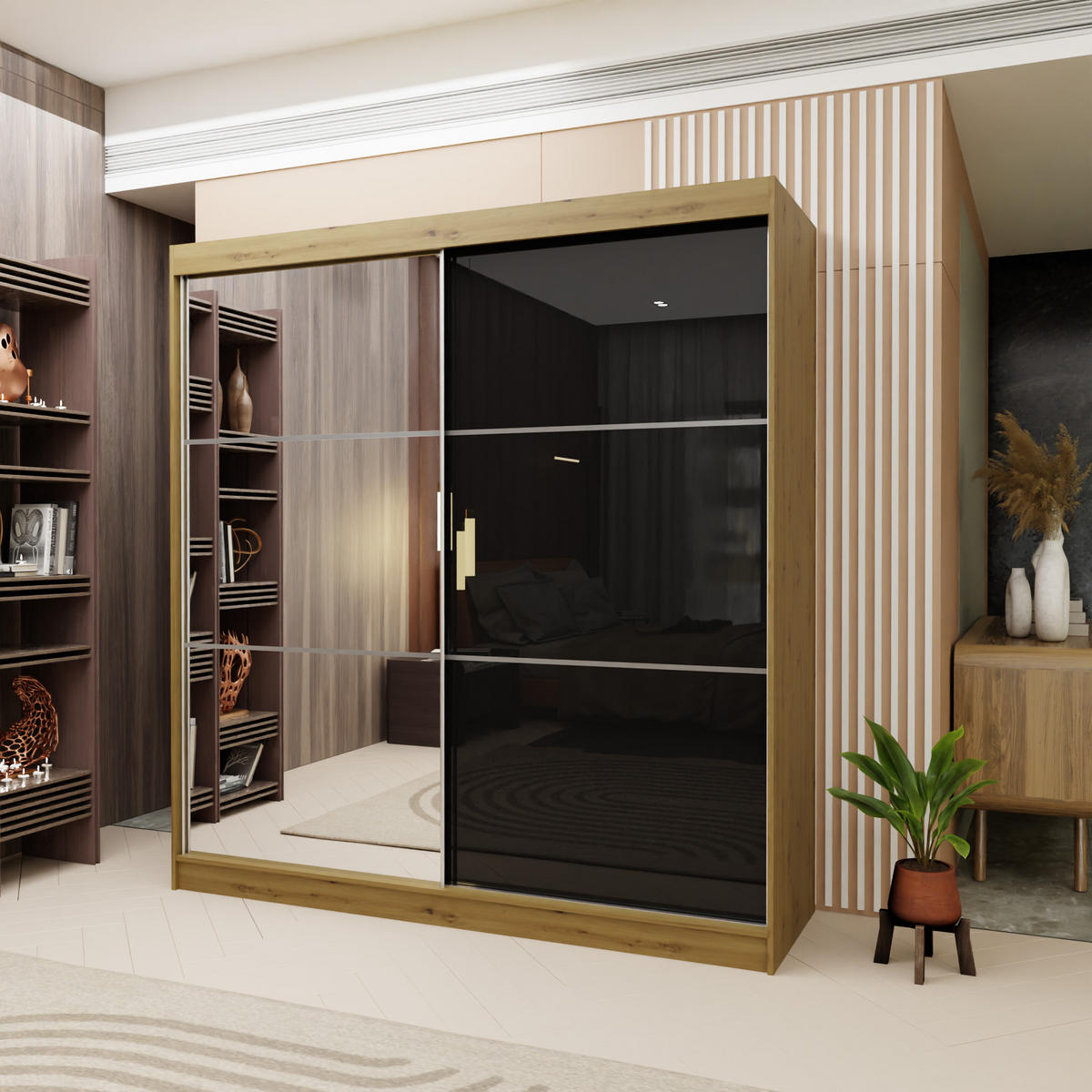 SCHWEBETÜRENSCHRANK VITALE 200/216/61 cm 2-türig mit Spiegel Eiche Artisan - Schwarz/Eiche Artisan, Holzwerkstoff (200/216/61cm) - MASSENO