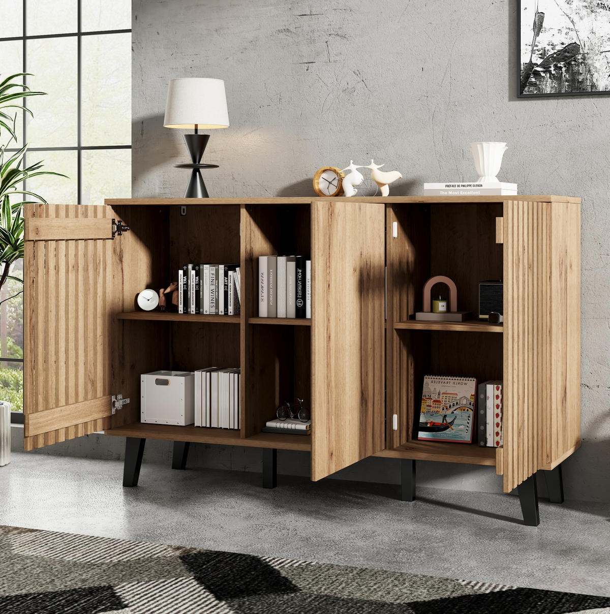 LOWBOARD TV-Schrank- und Sideboard-Set 180/40/55 und 150/40/95 cm aus Holzwerkstoff mit 14 Fächern Naturfarben - Hellbraun, Holzwerkstoff (180/55/40cm) - Modenvie