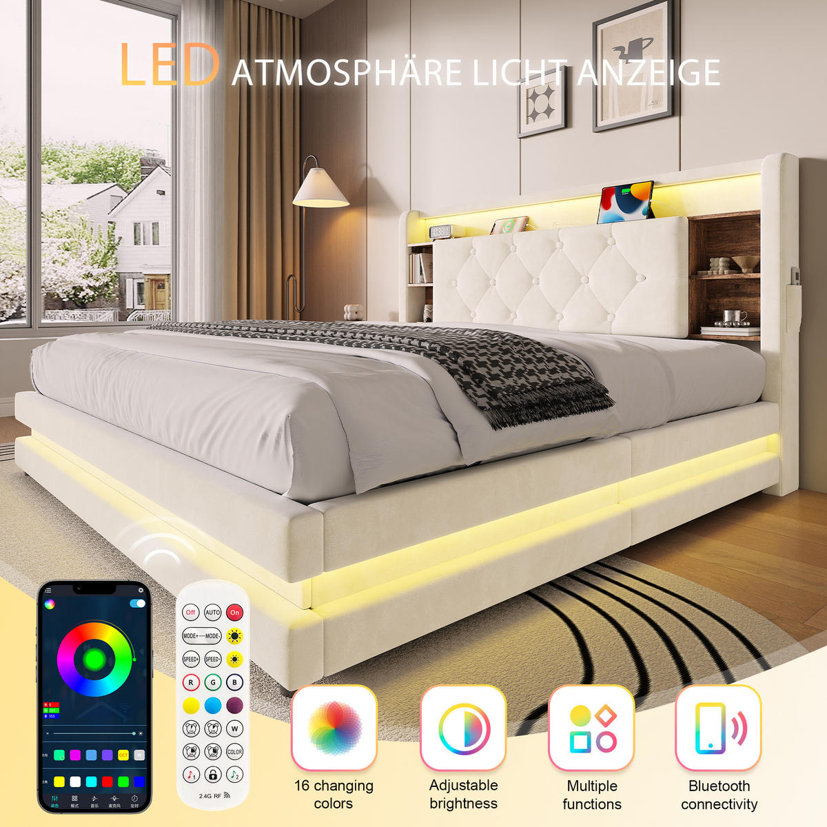 BOXBETT 140/200 mit LED/USB, Kopfteil-Regal & Hydraulik, Samt, Beige - Beige, Holz (140/200cm) - LVHOM
