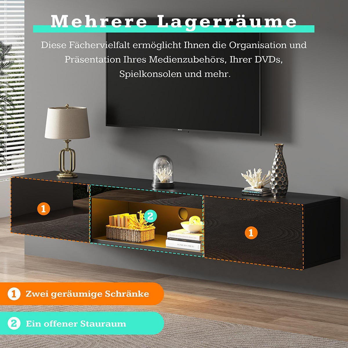 LOWBOARD in 160x31x22cm,Wandmontierter TV-Ständer, Schwarz - Schwarz, Holzwerkstoff (160/22/31cm) - KOMHTOM