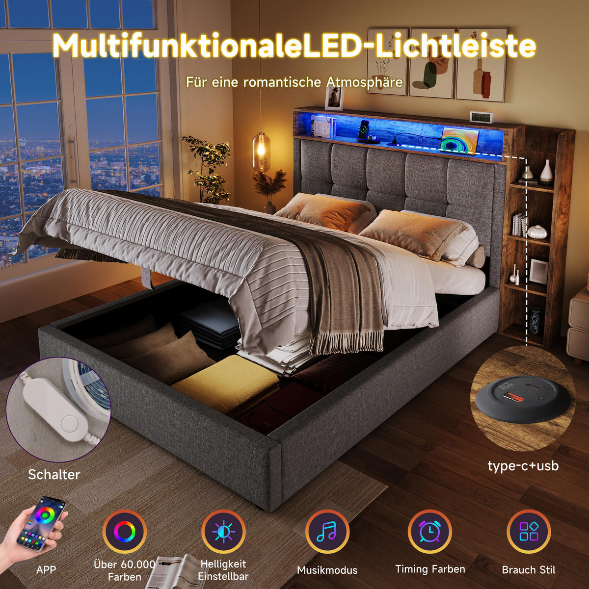 POLSTERBETT 90/200 cm Grau mit Stauraum, LED-Beleuchtung und USB-Anschlüssen - Grau, Textil (90/200cm) - Flora Grace