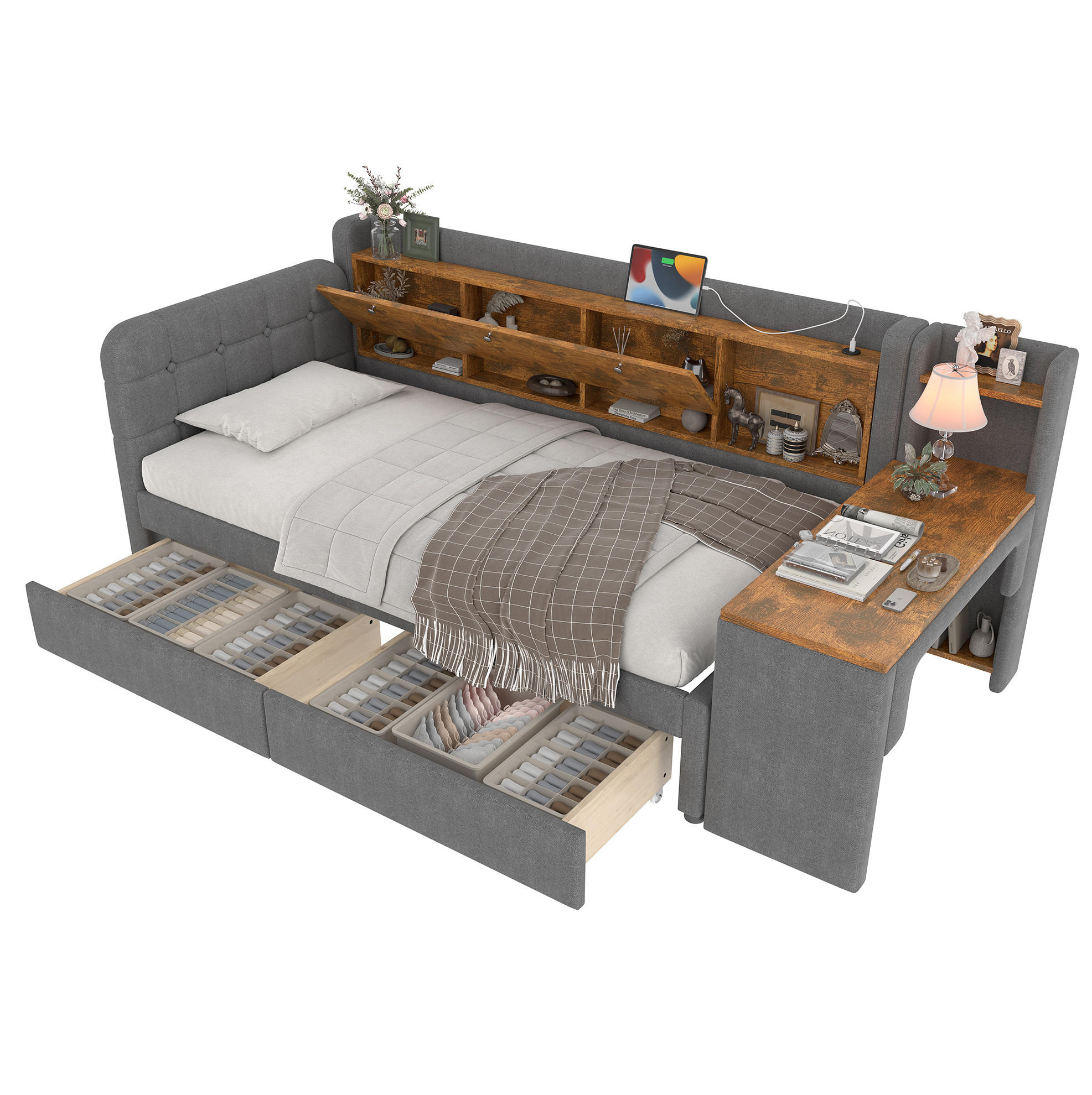 POLSTERBETT 90/200 cm mit 2 Schubladen, Schreibtisch und USB/Type-C - Grau, Textil (90/200cm) - BEAOK
