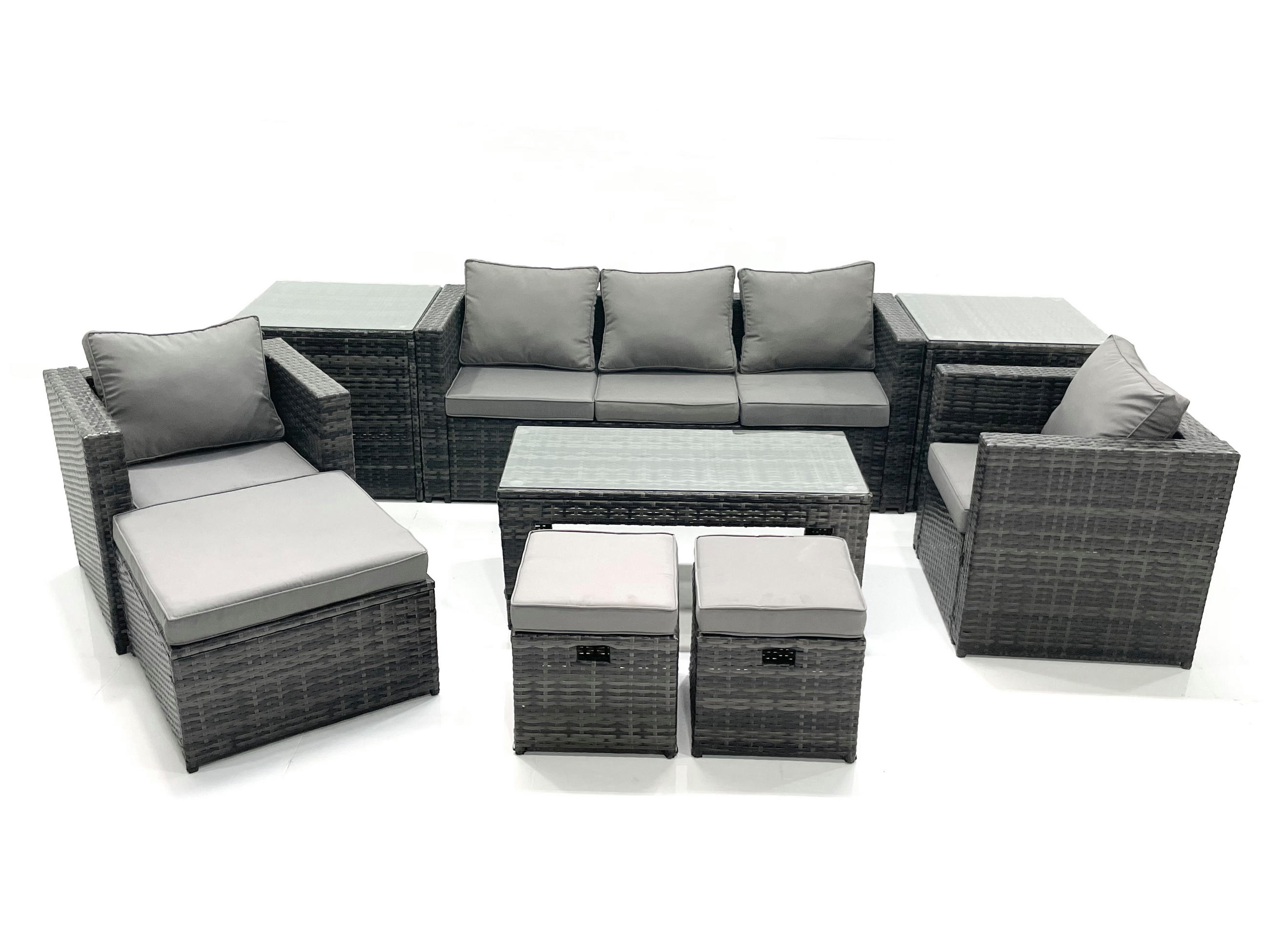 GARTENMÖBEL-SET COUCHTISCH SESSEL SOFA mit HOCKER Polyrattan Dunkelgrau Gemischt 8-Sitzer - Dunkelgrau/Grau, Glas/Kunststoff - Fimous