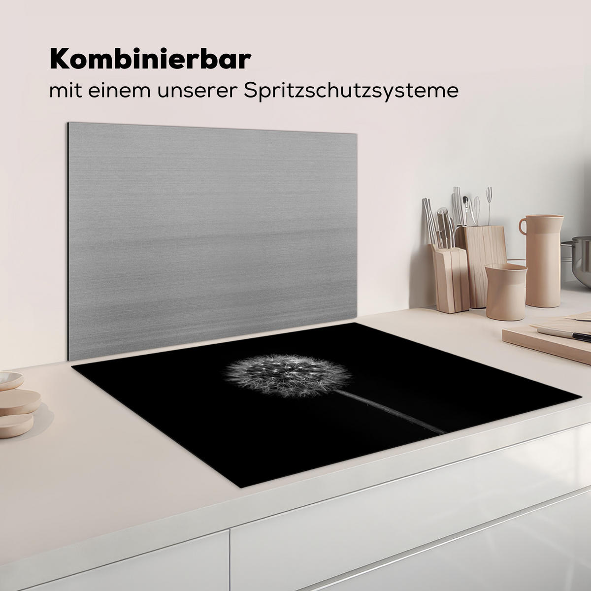 KRYT NA INDUKČNÍ DESKU Pampeliška - černá - květinová - botanická 77x59 cm - šedá, plast (77/59/0.2cm) - MuchoWow