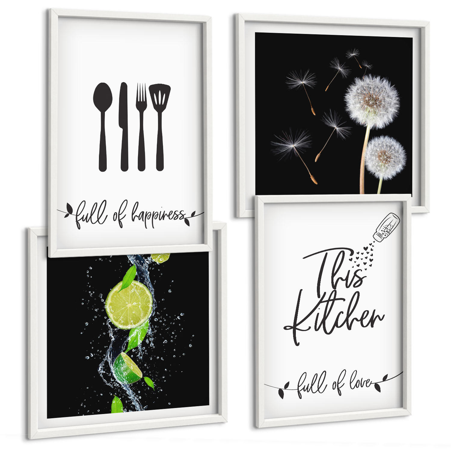 BILDER SET 4er Set - 50x50 cm & 40x60 cm Weißer Rahmen - Löwenzahn-Kalk-Kücheninschriften - Weiß, Kunststoff (50/50cm) - TULUP