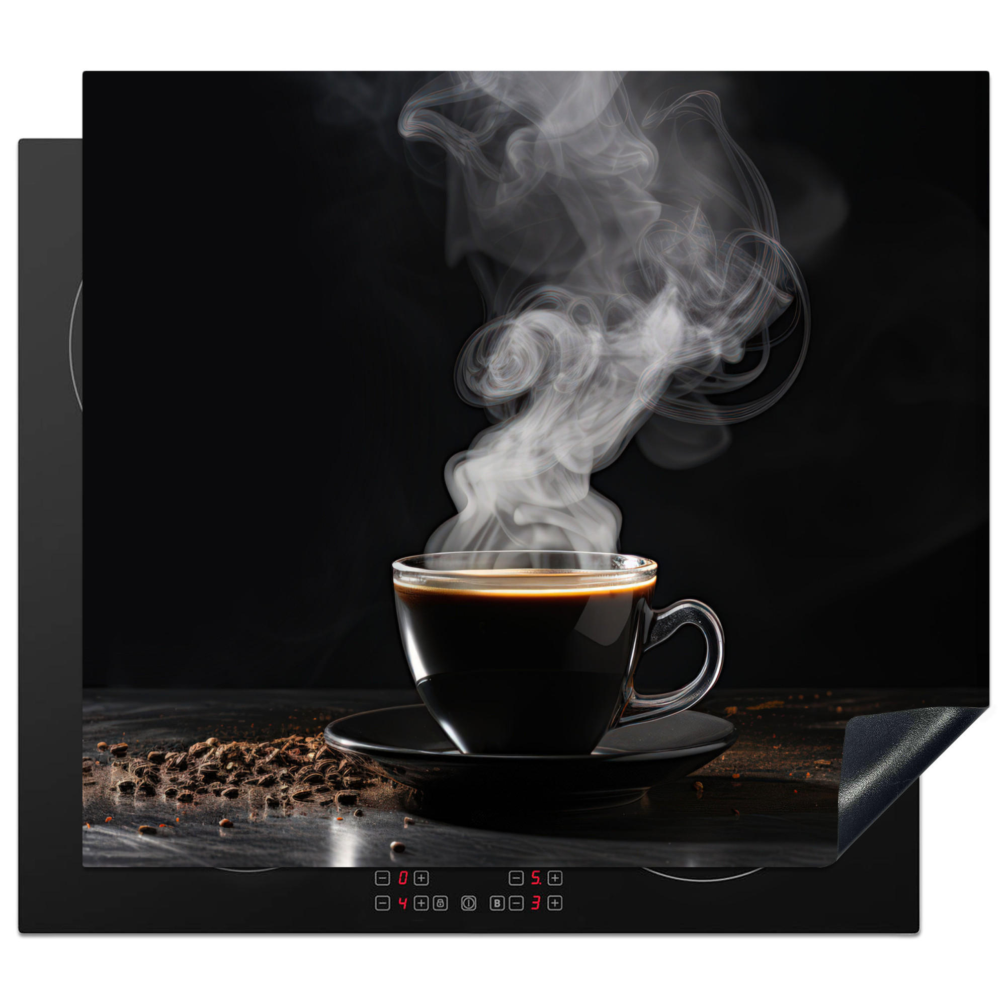 HERDABDECKPLATTE Kaffee - Schwarz - Bohnen - Heiß - Tasse Abdeckung Ceranfeld 59x51 cm - Schwarz, Kunststoff (59/51/0.2cm) - MuchoWow