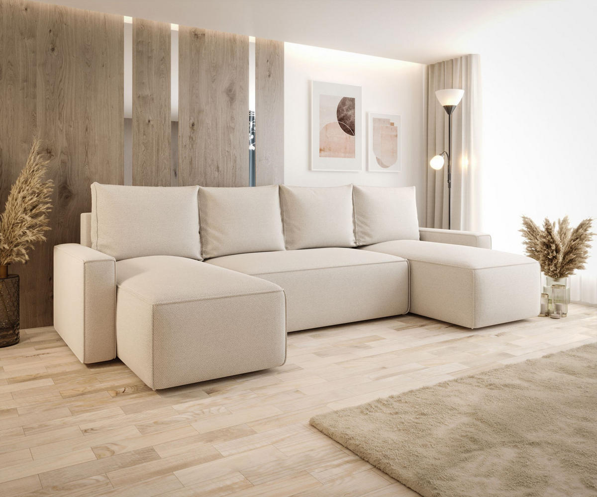 WOHNLANDSCHAFT mit Schlaffunktion SAVIO U Curio 09 - Ecru, Textil (300/75/140cm) - Bedante
