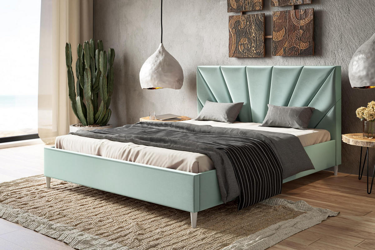 POLSTERBETT LUX Denver mit Kopfteil, 160 x 200 cm, Doppelbett mit Lattenrost aus Holz, Velourstoff Hellgrün, Füße in Farbe: Weiß - Hellgrün, Holz/Textil (160/200cm) - Alpi-Möbel