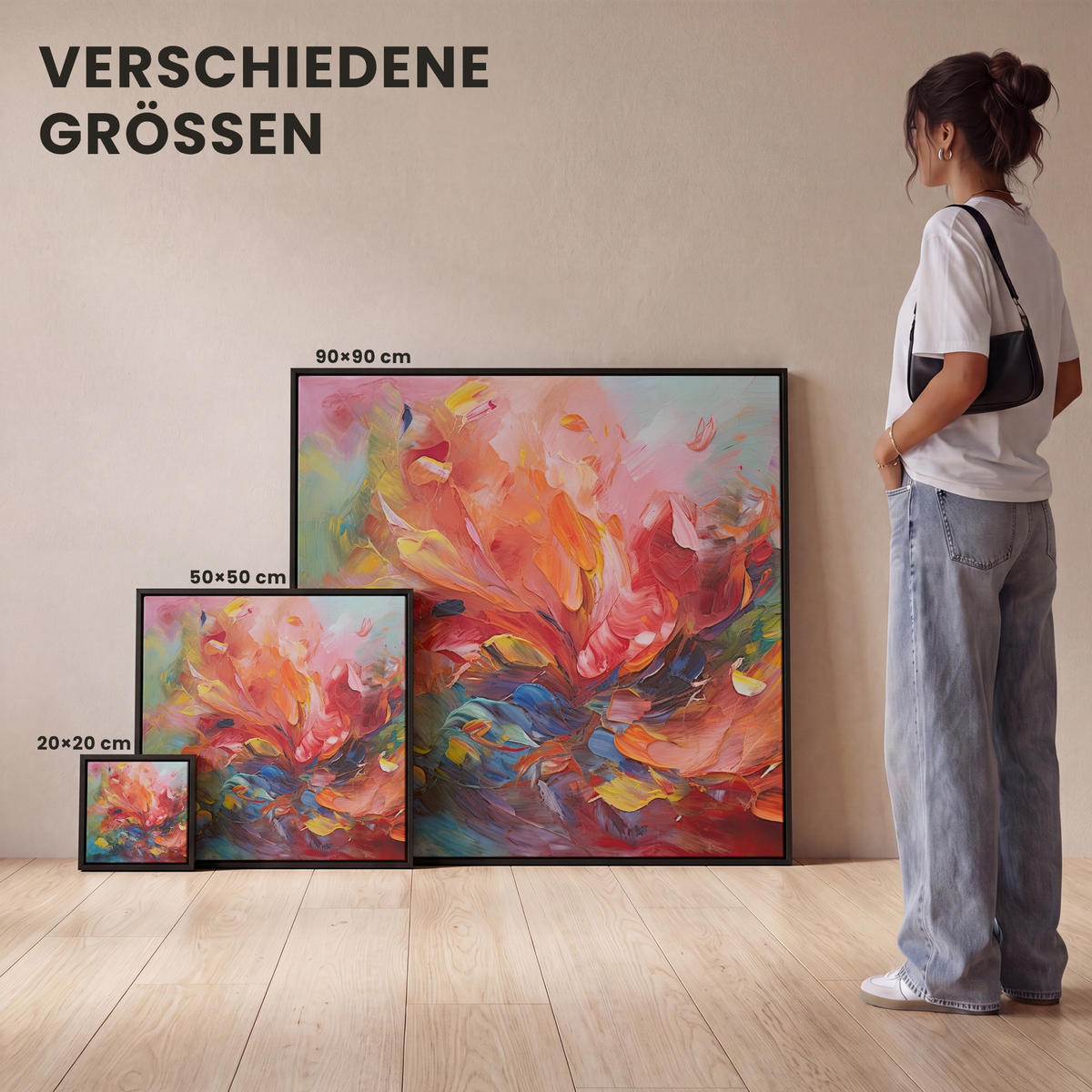LEINWAND Bilder mit Rahmen - Ölgemälde - Kunst - Abstrakt - Farbenfroh - 90x90 - Altrosa, Textil (90/90cm) - MuchoWow