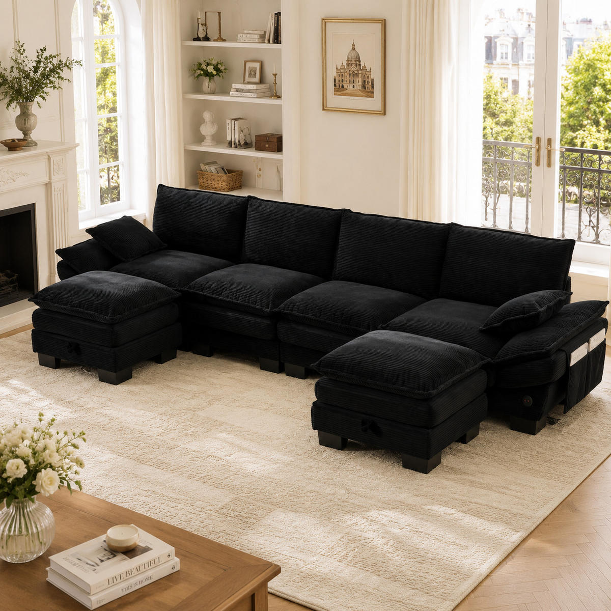 WOHNLANDSCHAFT DE-33753 modular mit 2 Stauraumhockern Schwarz - Schwarz, Metall (330/84/132cm) - ComfortXL