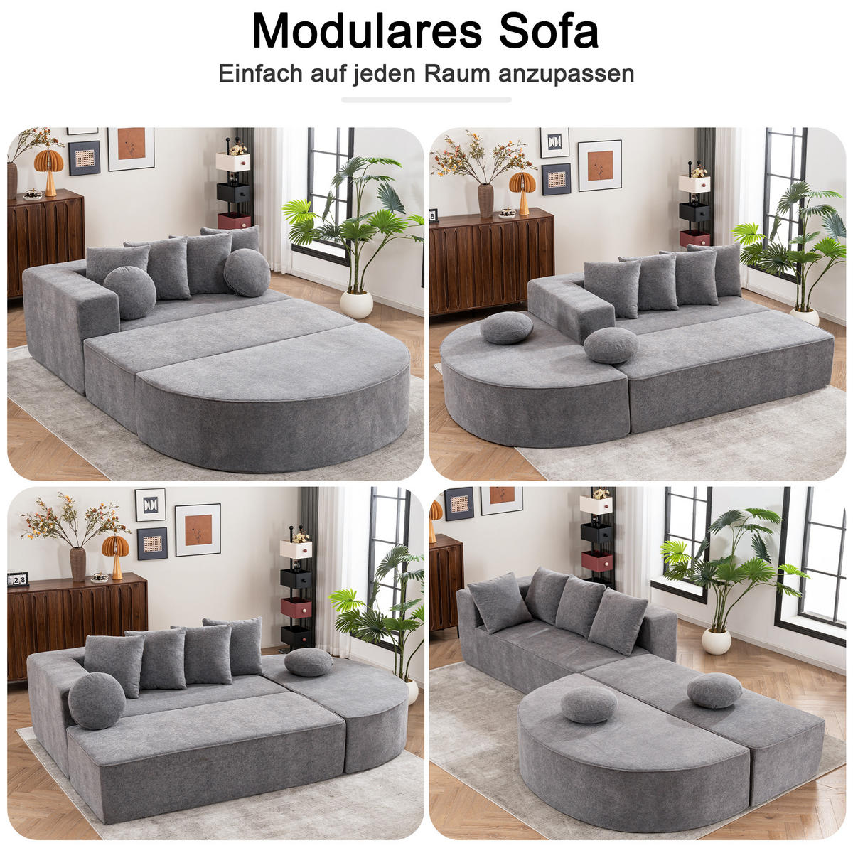 WOHNLANDSCHAFT Chenille Grau mit Kissen - Grau, Textil (263/66/171cm) - WISHDOR