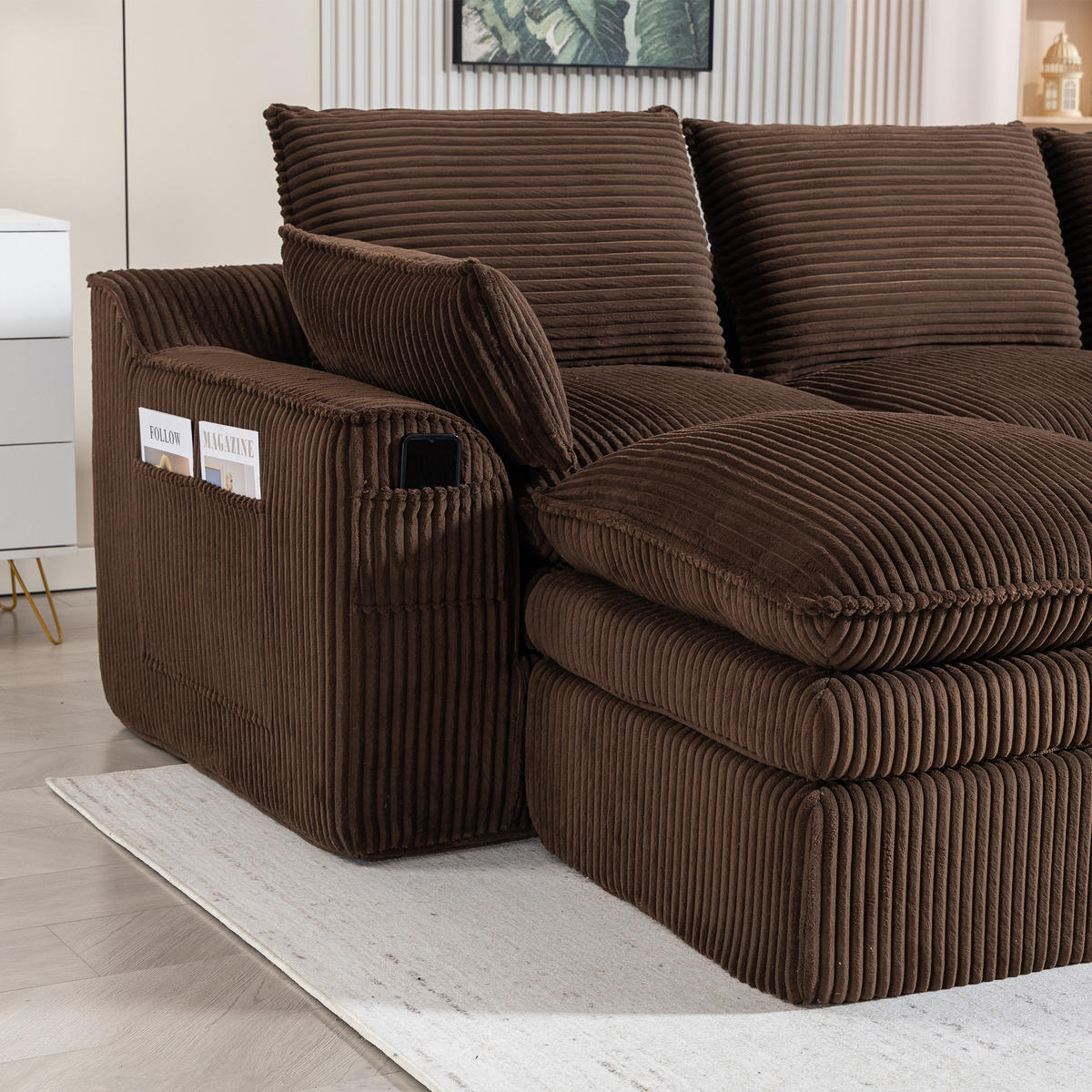 WOHNLANDSCHAFT Cord Braun mit Kissen, Seitentaschen und Hocker - Braun, Textil (335/85/167cm) - WISHDOR