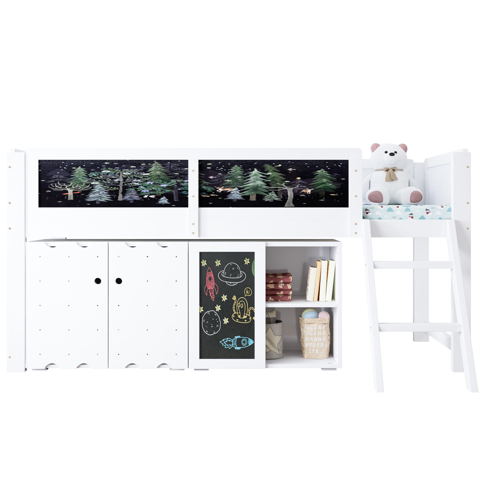HOCHBETT 90/200 cm in Weiß mit Stauraumschrank und Kreidetafel - Weiß, Holzwerkstoff (90/200cm) - Flora Grace
