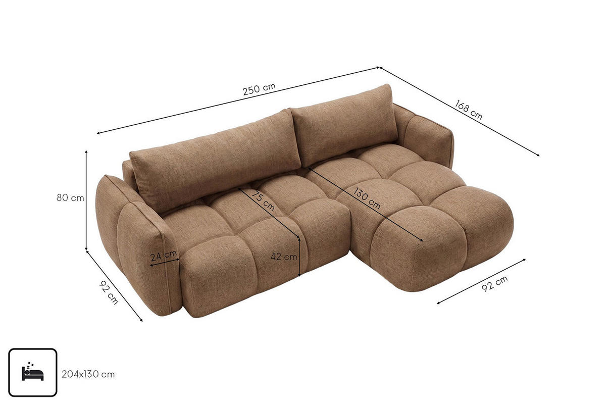 ROHOVÁ SEDAČKA ve tvaru L s funkcí spaní, Nexi, Karamelová, Pravá strana, BELVEDER L - hnědá, dřevo (250/168cm) - Kaiser Möbel