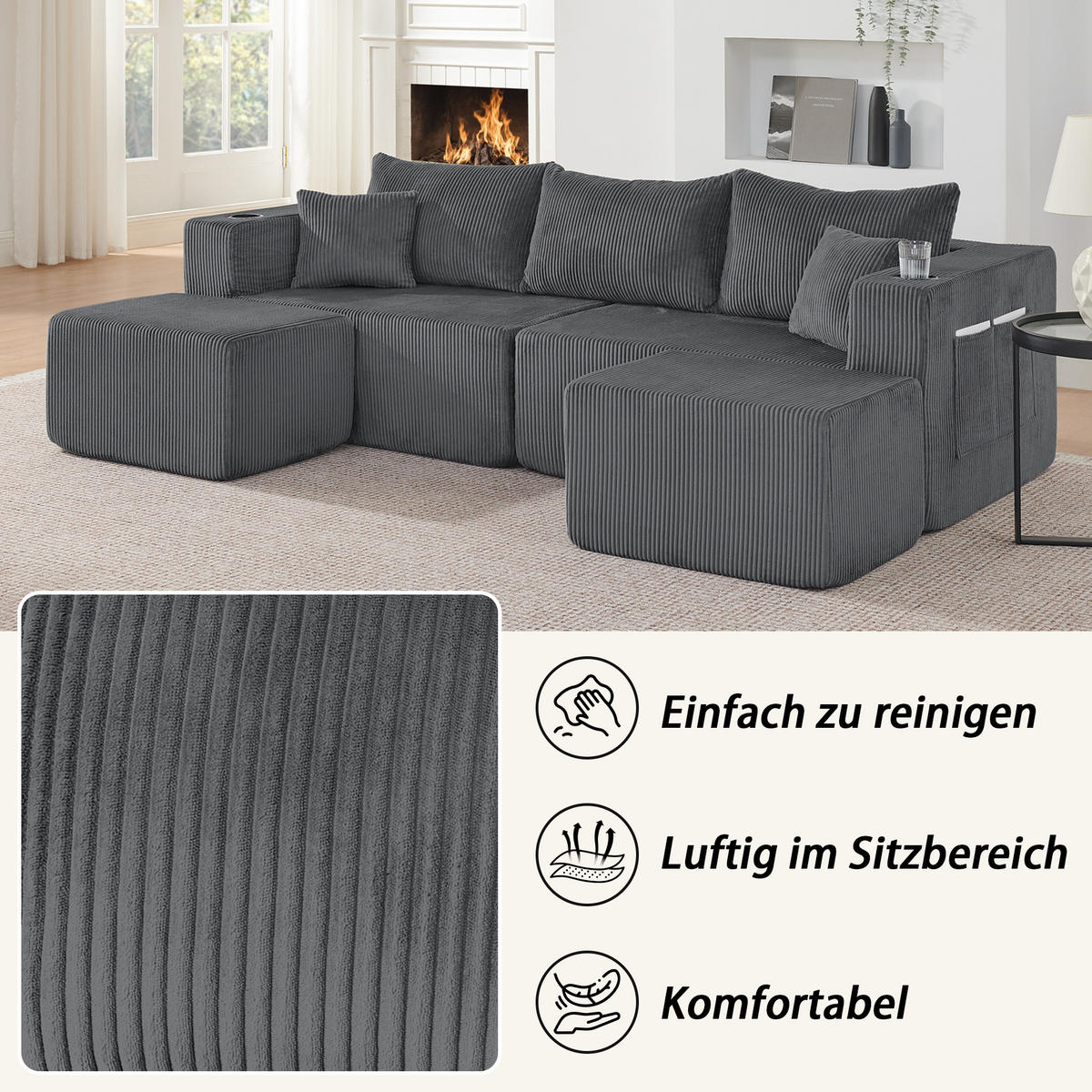 WOHNLANDSCHAFT DE-34629 modular mit 2 Ottomanen Grau - Grau, Textil (138/75/230cm) - ComfortXL