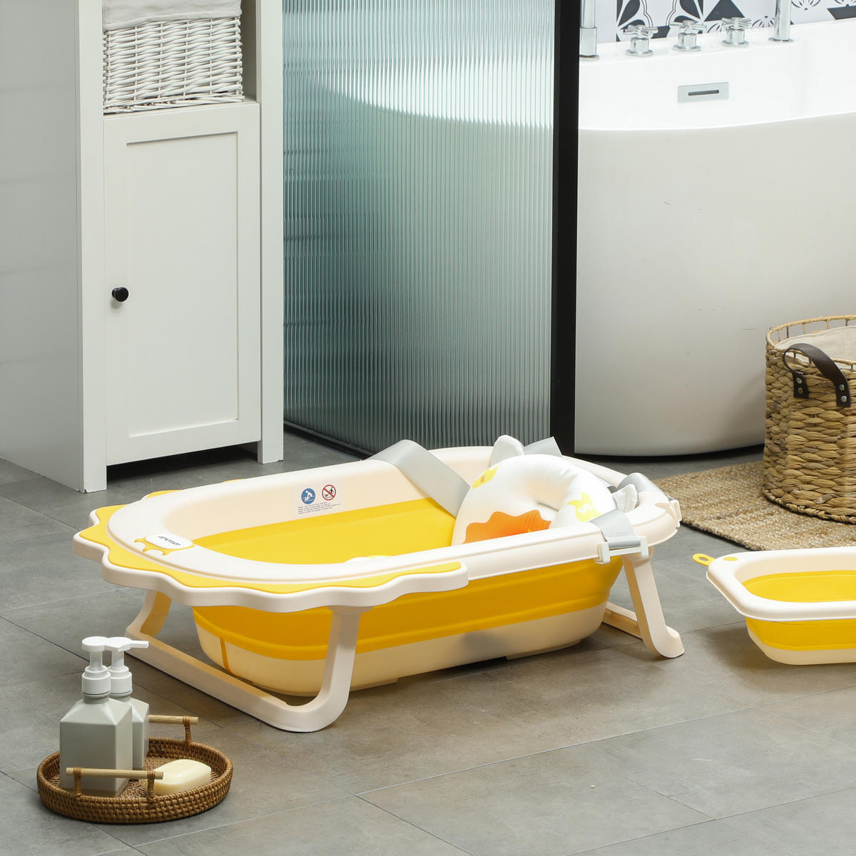 3ER -Set Babybadewanne, faltbar Baby Bathtub mit Löwenmustern, rutschfest - Gelb, Kunststoff (55/80.5cm) - AIYAPLAY