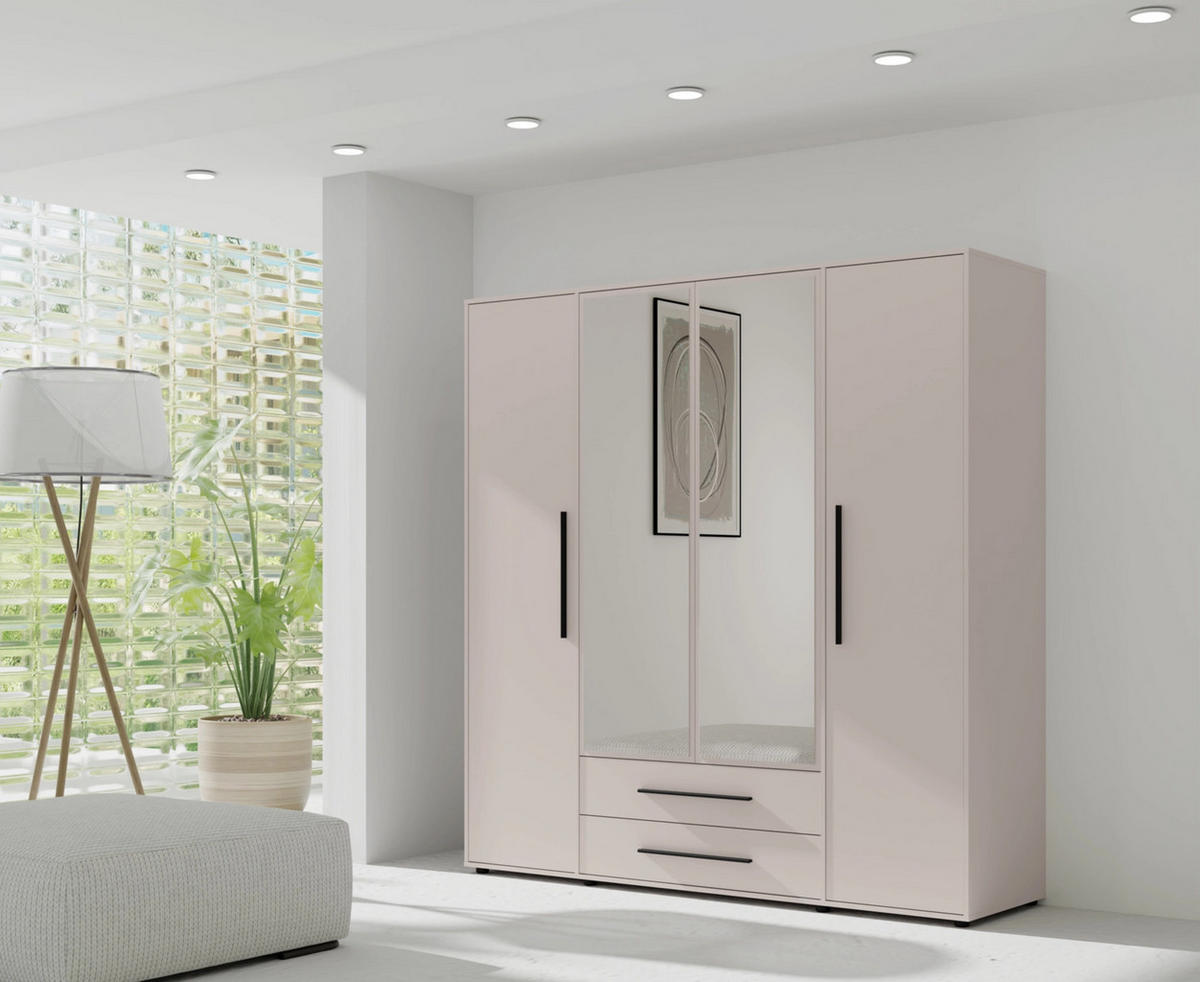 KLEIDERSCHRANK Modena in Kaschmirfarbe, mit Spiegel, mit Tür, mit Türen und Schubladen - Kaschmir/Schwarz, Holzwerkstoff/Kunststoff (200/206/59cm) - Ravio