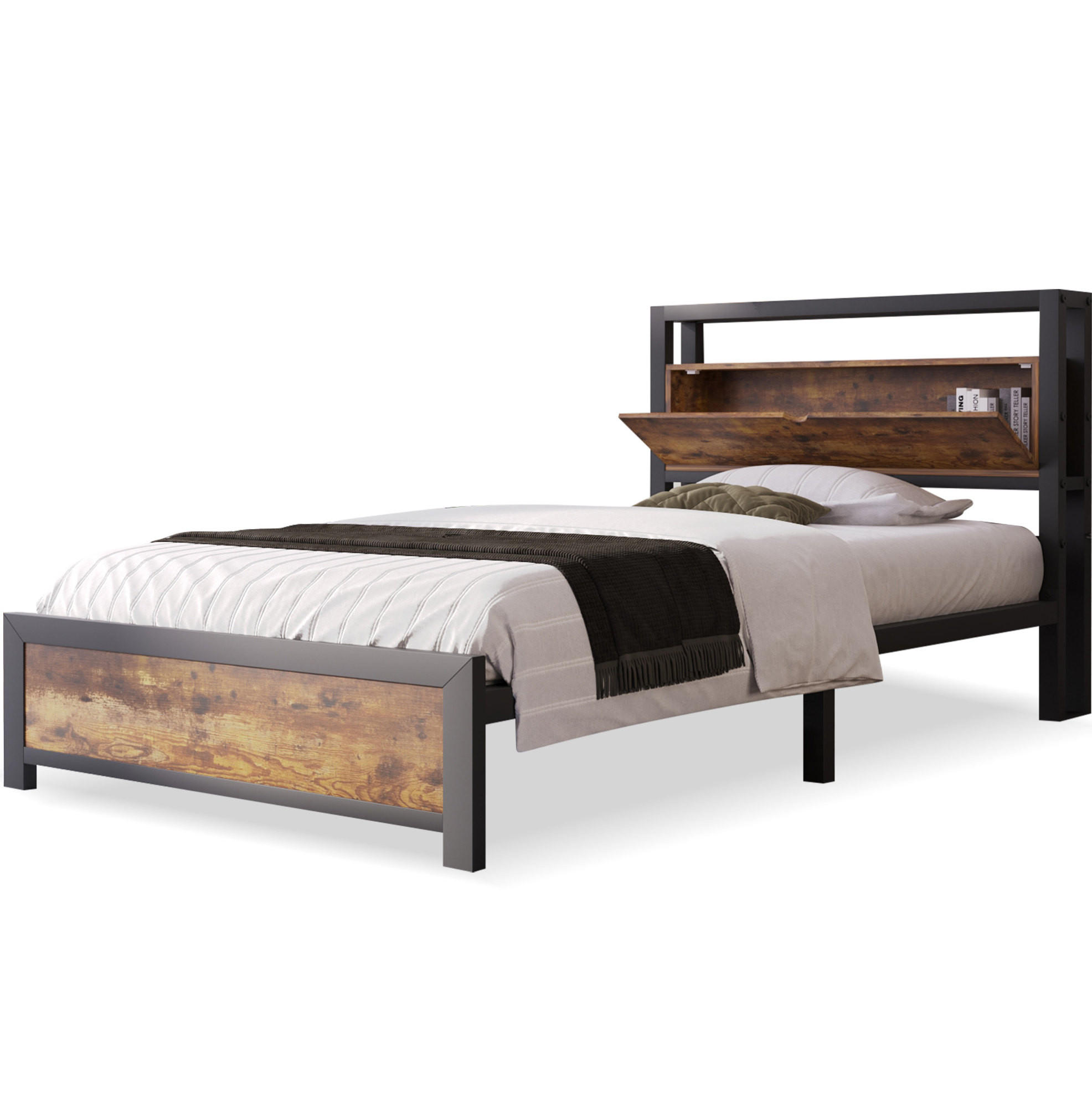 EINZELBETT 90/200 cm mit Stauraum-Kopfteil und Metall-Lattenrost im Industrial-Stil, Natur - Naturfarben, Metall (90/200cm) - Redom