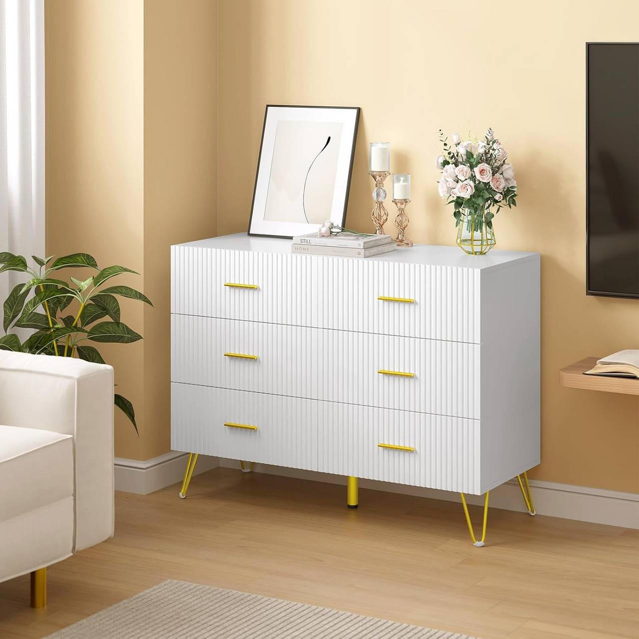 KOMMODE mit 6 Schubladen, 100x75x40 cm, Weiß Gold - Goldfarben/Weiß, Holzwerkstoff (100/75/40cm) - Woltu
