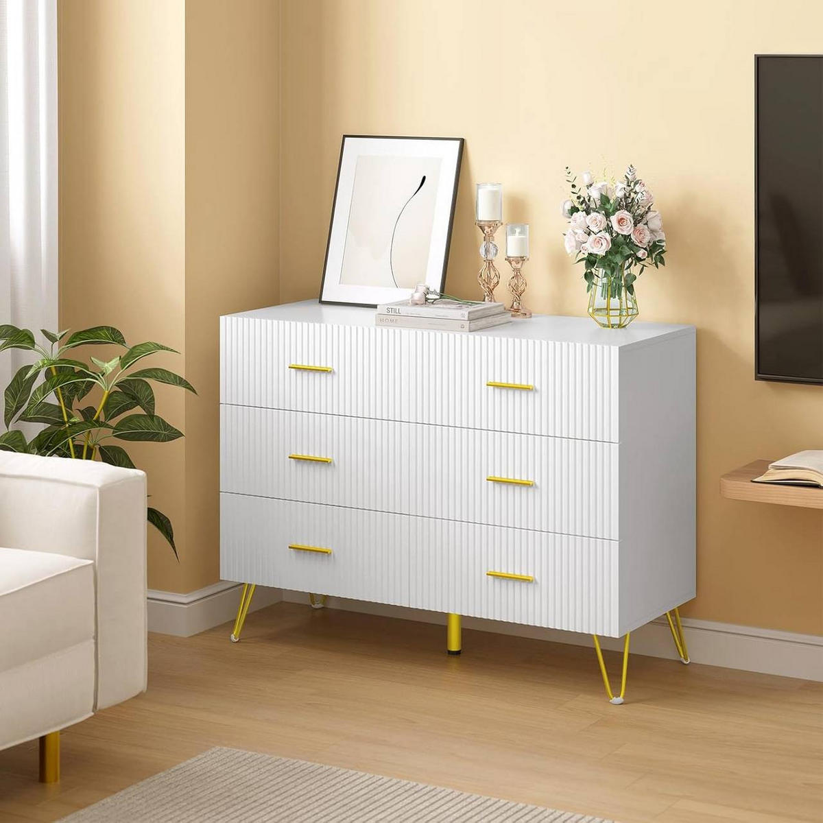 KOMMODE mit 6 Schubladen, 100x75x40 cm, Weiß Gold - Goldfarben/Weiß, Holzwerkstoff (100/75/40cm) - Woltu