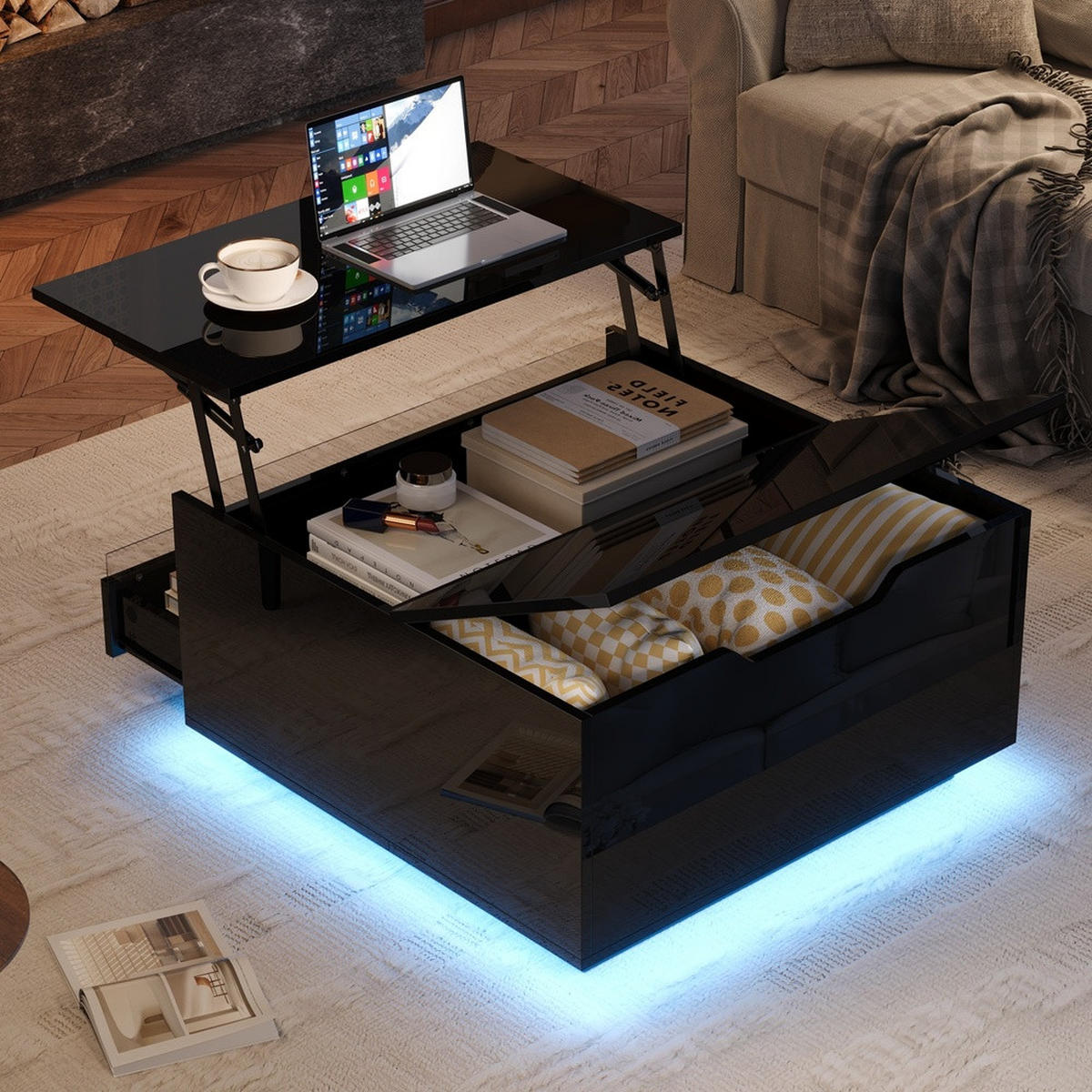 COUCHTISCH 70x70cm Schwarz Anhebbar LED Hochglanz Schublade Stauraum - Schwarz, Holz (94.67/46.46/19.13cm) - FLIEKS