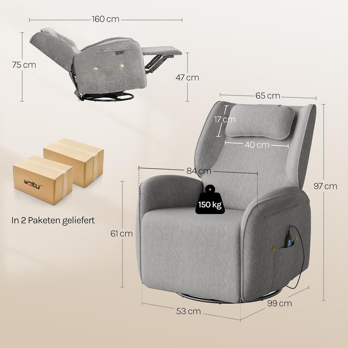 RELAXSESSEL mit Massage, Liegefunktion, Ladeport, Grau - Grau, Kunststoff/Textil (84/97/99cm) - Woltu