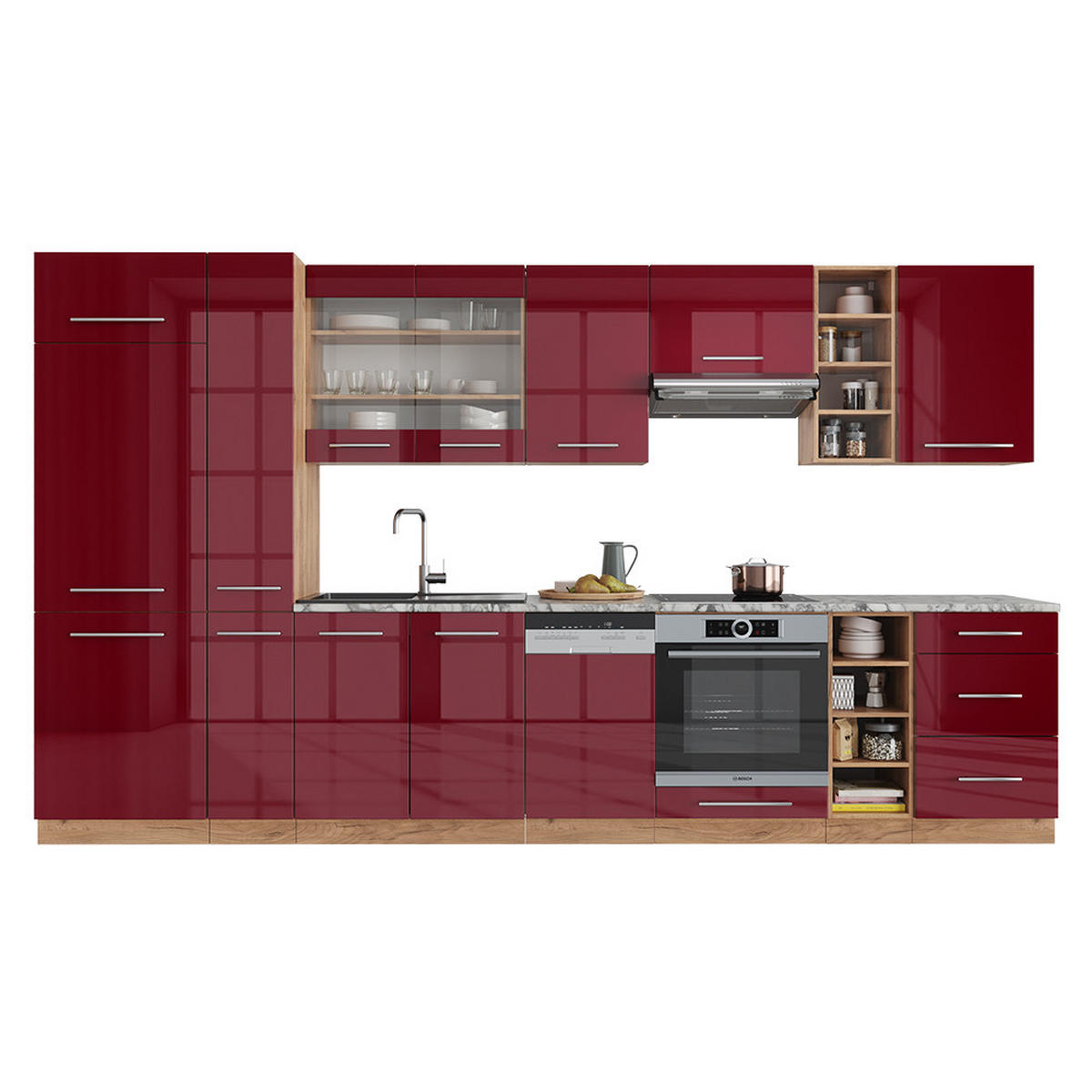 KÜCHENZEILE Fame-Line Bordeaux Hochglanz/Goldkraft Eiche 355 cm ohne AP - Honigeiche/Bordeaux, Holzwerkstoff (355/81.6/46cm) - Vicco