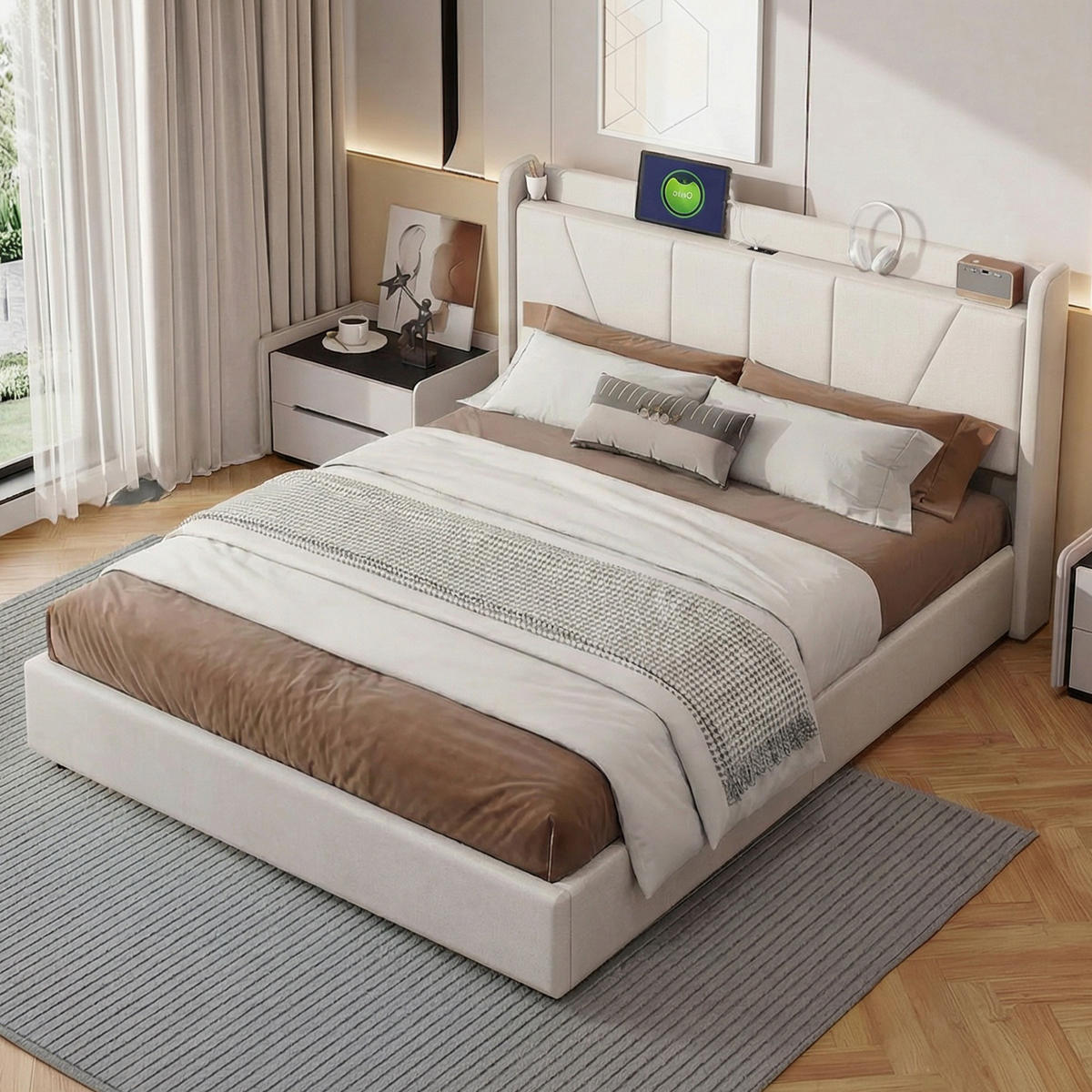 POLSTERBETT 160x200 cm mit hydraulischem Stauraum, 2 USB & 1 Typ-C Anschluss, Leinenstoff in Beige - Beige, Holz (160/200cm) - BRILVERDE