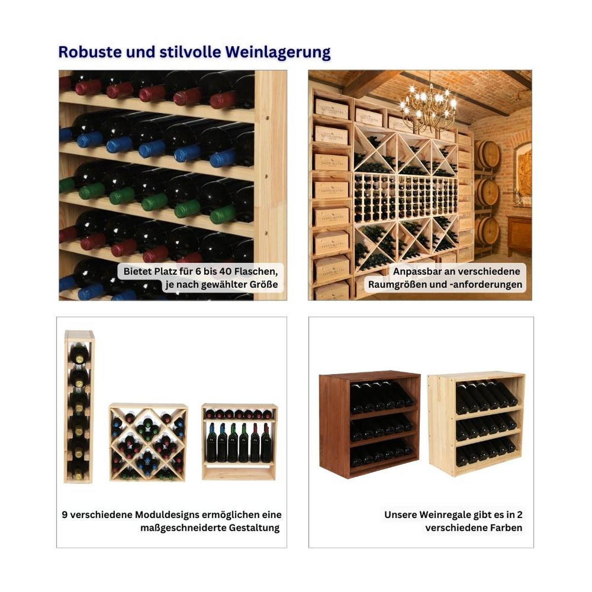 WEINREGAL Vincellar Mod 60x60x30 cm Schräg Modul Für 18 Flaschen Massives Kiefernholz Braun Geölt - Braun, Holz (60/60/30cm) - PROREGAL