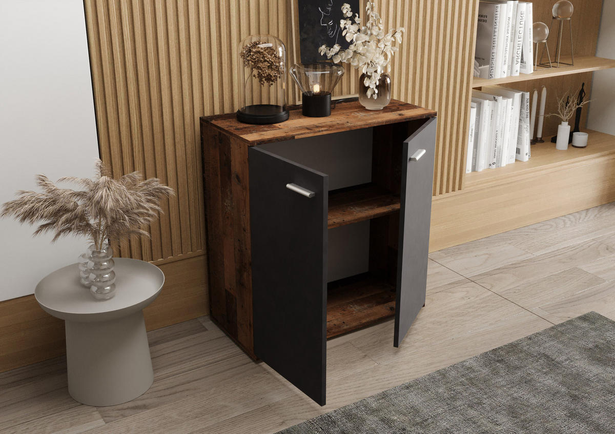 KOMMODE London LMK 2D mit 2 Türen, Sideboard in Farbe: Dunkelbraun|Schwarz, Größe: 71 x 75 x 35 cm - Dunkelbraun/Schwarz, Holzwerkstoff (71/75/35cm) - O-Sofa