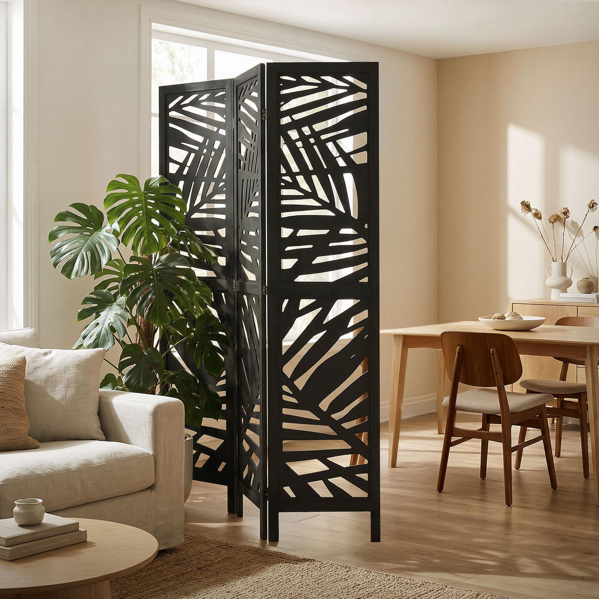 PARAVÁN, 3dílný, Kyoto, 170 × 121 cm, černý, ze dřeva - černá, dřevo (121/170/2cm) - ML-DESIGN