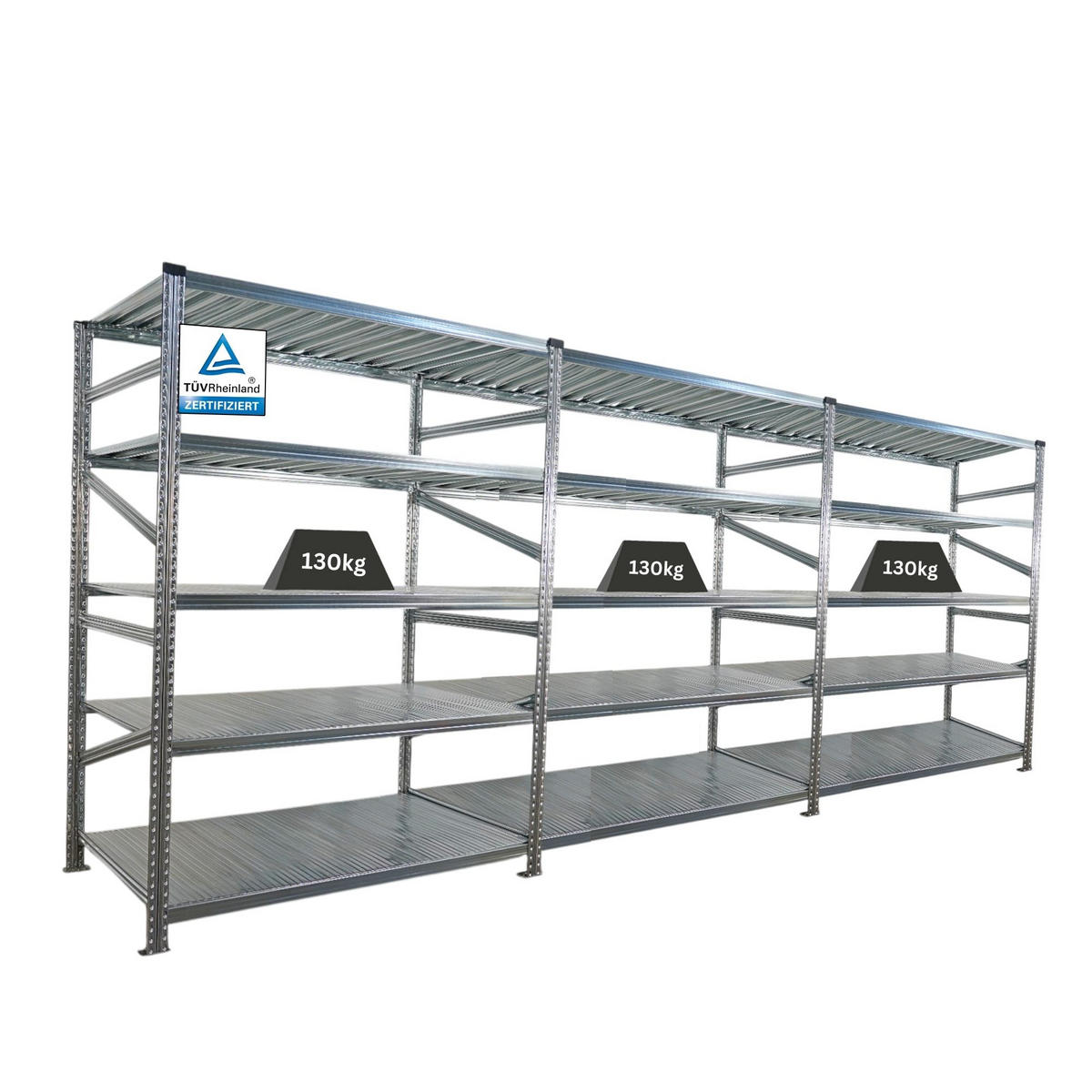 FACHBODENREGAL Proximo Stecksystem 200x450x80cm 5 Ebenen Fachlast 130 kg Beidseitig nutzbar Verzinkt - Silberfarben, Metall (450/200/80cm) - PROREGAL