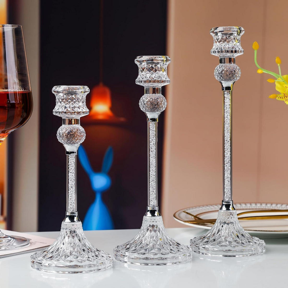 KERZENSTÄNDER Set 3-teilig Kristall Weiß - Transparent, Glas (11.9/27.9/23.4cm)