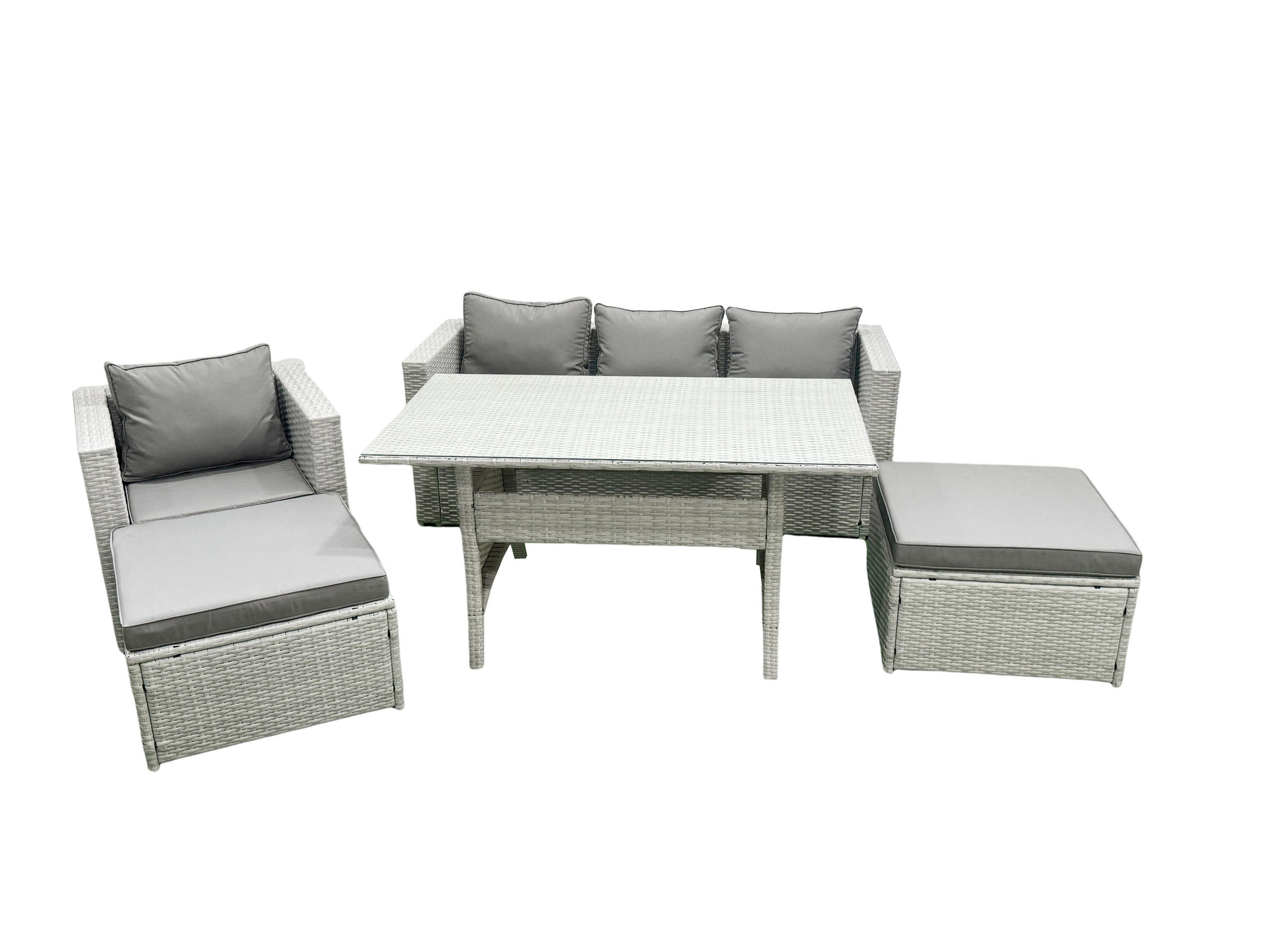 GARTENSET mit Esstisch,Sofa,2 Großer Hocker,Stuhl Polyrattan Hellgrau 6-Sitzer - Hellgrau/Grau, Glas/Kunststoff - Fimous