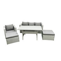 GARTENSET mit Esstisch,Sofa,2 Großer Hocker,Stuhl Polyrattan Hellgrau 6-Sitzer - Hellgrau/Grau, Glas/Kunststoff - Fimous