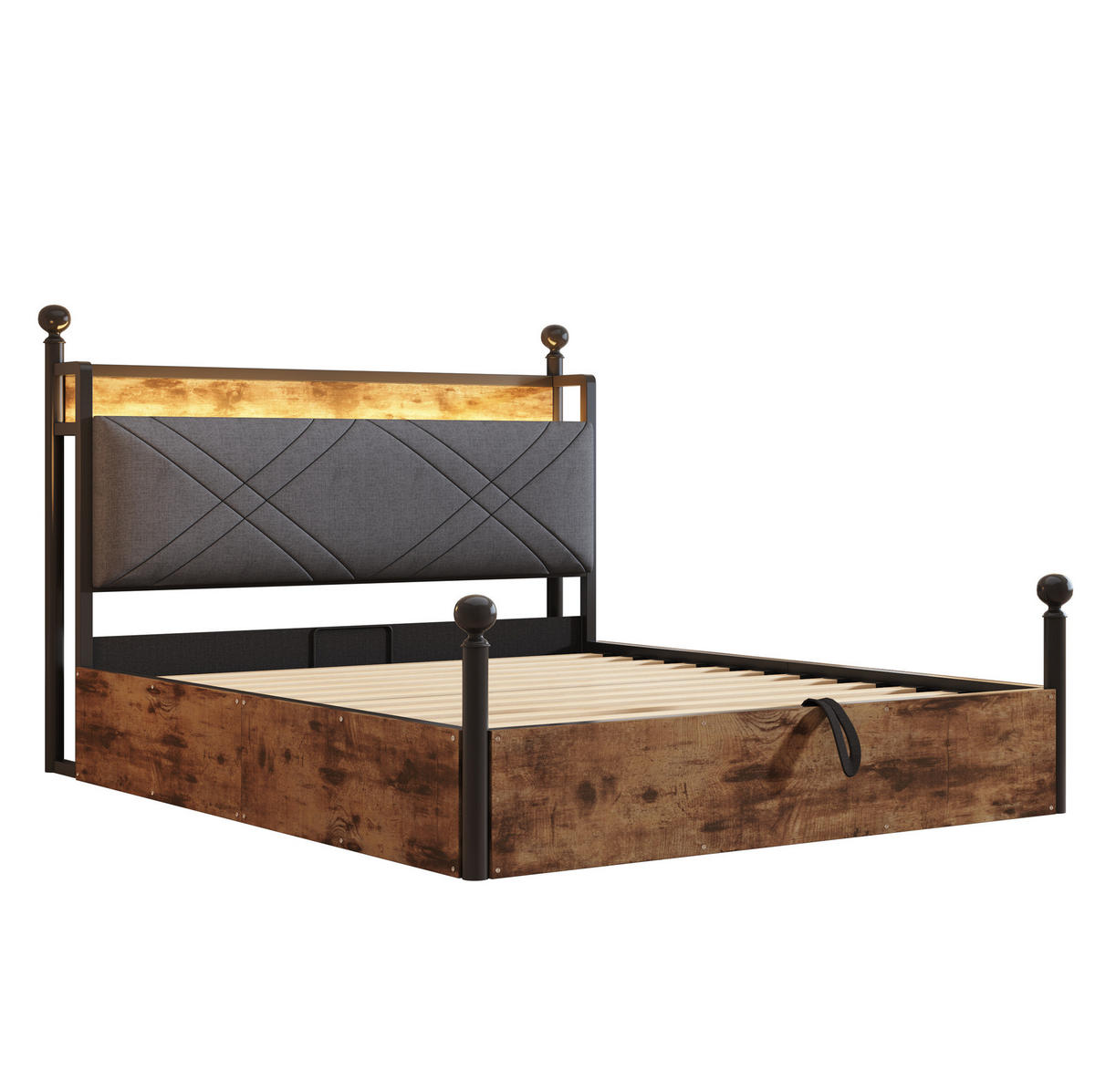 POSTEL s nebesy 140/190 cm černá z kovu s úložným prostorem LED a USB/Type-C - černá, kov (140/190cm) - OKWISH