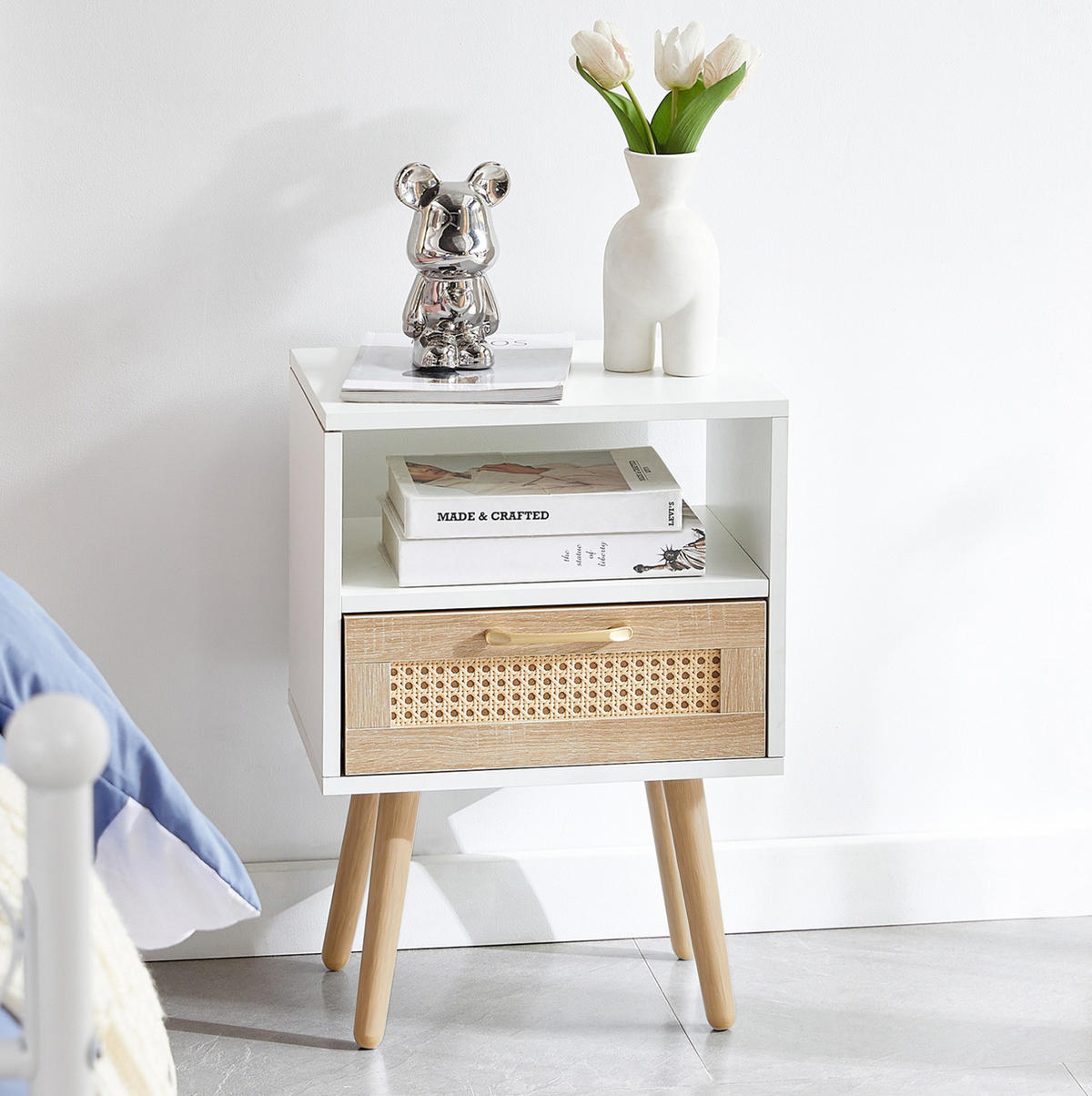 NACHTTISCH 30/40/55 cm weiß/natur aus MDF mit Schublade - Hellbraun, Holzwerkstoff (30/55/40cm) - OKWISH