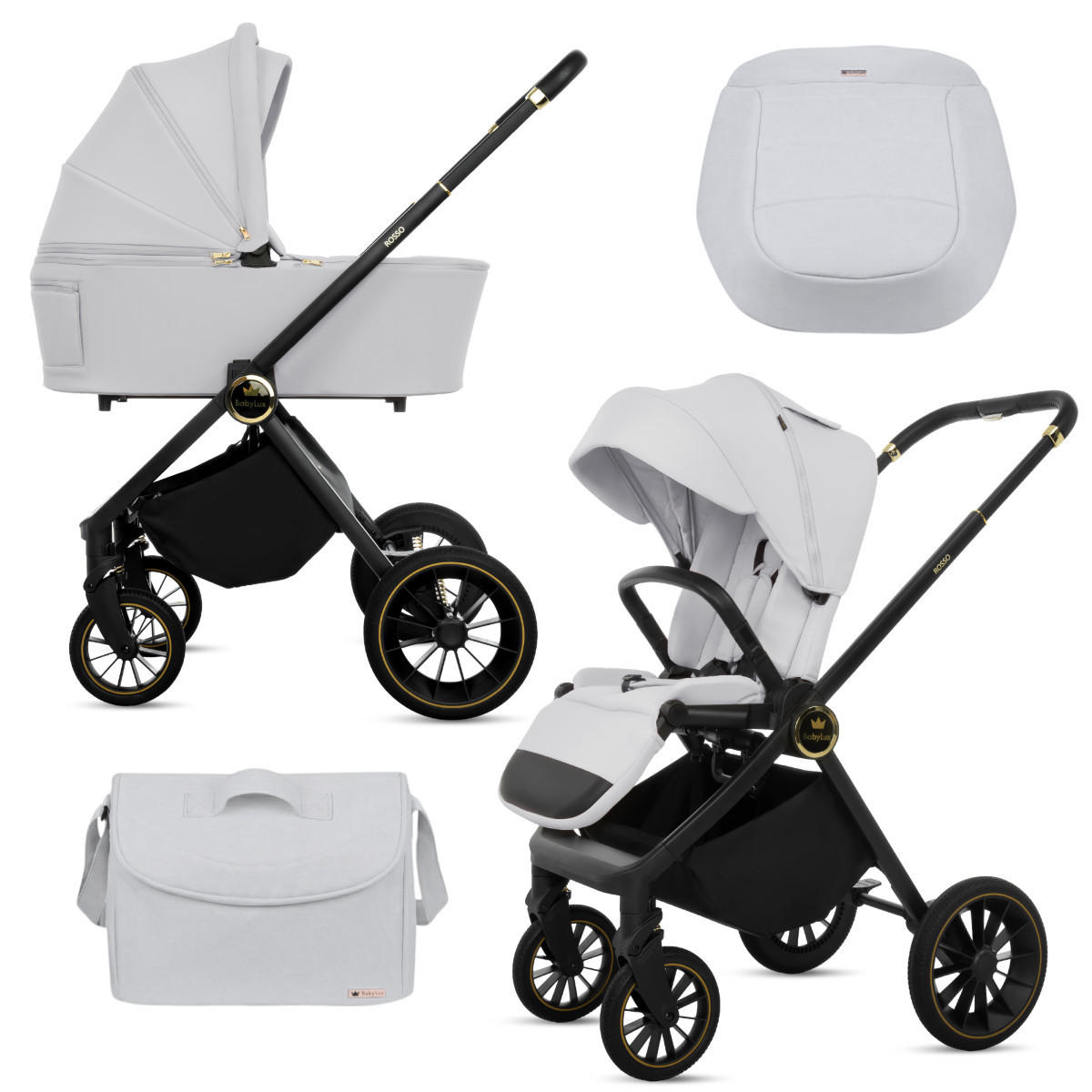 KINDERWAGEN Rosso 2in1 Silber Babywanne, Buggy Sportsitz, Faltbar, Wickeltasche - Silberfarben/Schwarz, Textil/Metall (58/100cm) - BabyLux