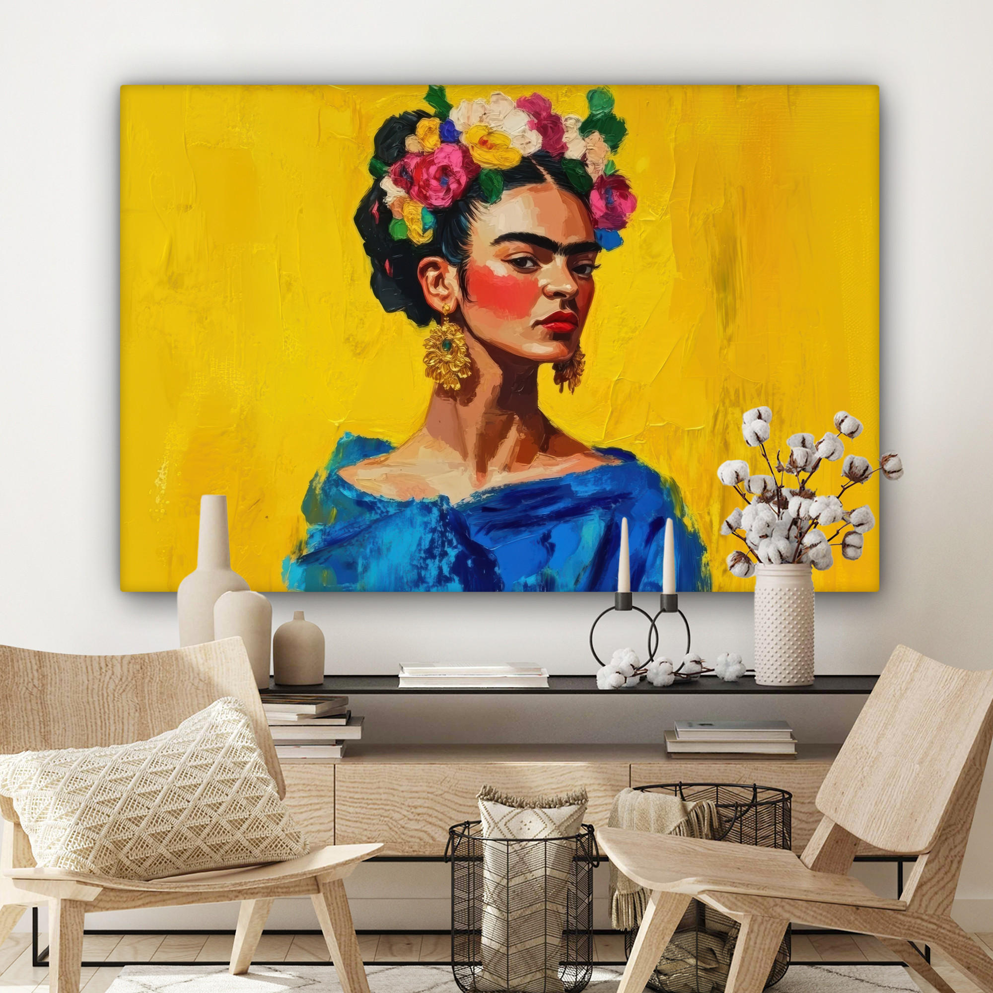 LEINWANDBILD Frida Kahlo - Frau - Gelb - Blau - Blumen Groß 140x90 cm - Gelb, Textil (140/90cm) - MuchoWow