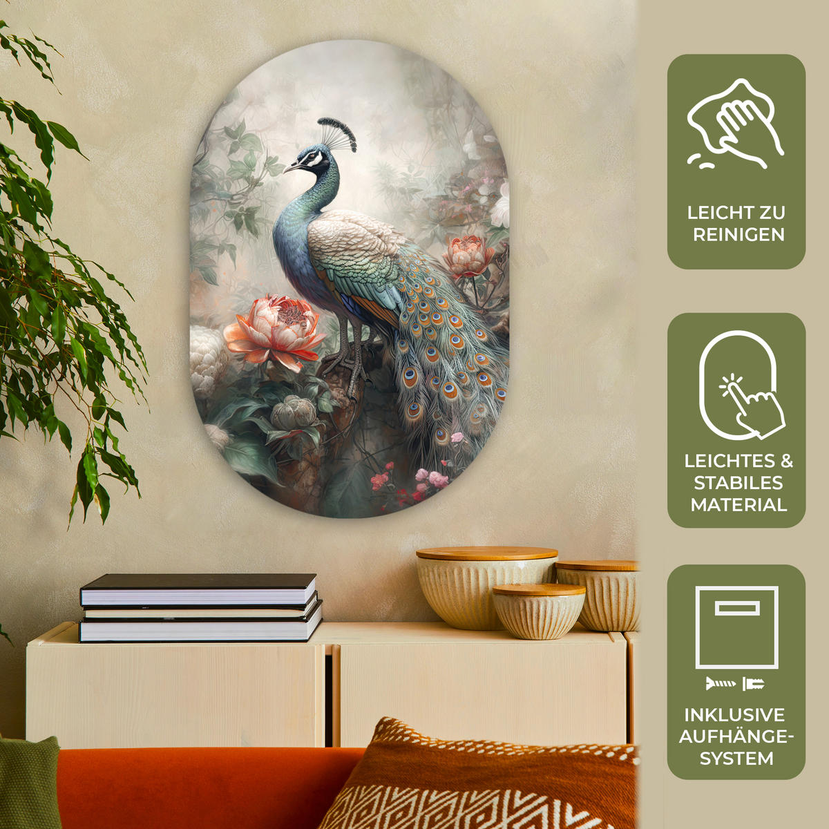 WANDBILD Pfau - Pfauenfedern - Vogel - Dschungel - Blumen 60x90 cm - Smaragdgrün, Kunststoff (60/90cm) - MuchoWow